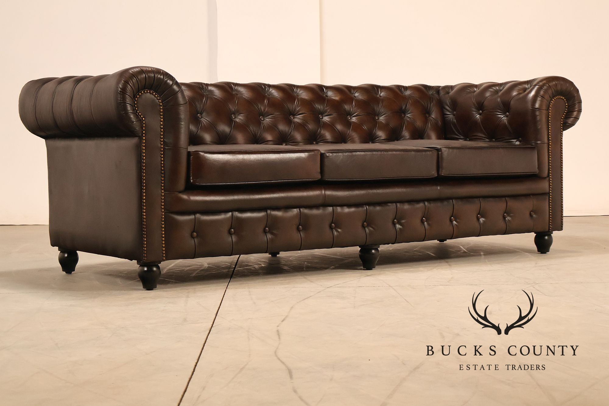 Chesterfield Style 7 Foot Espresso Brown Tufted Leather Sofa