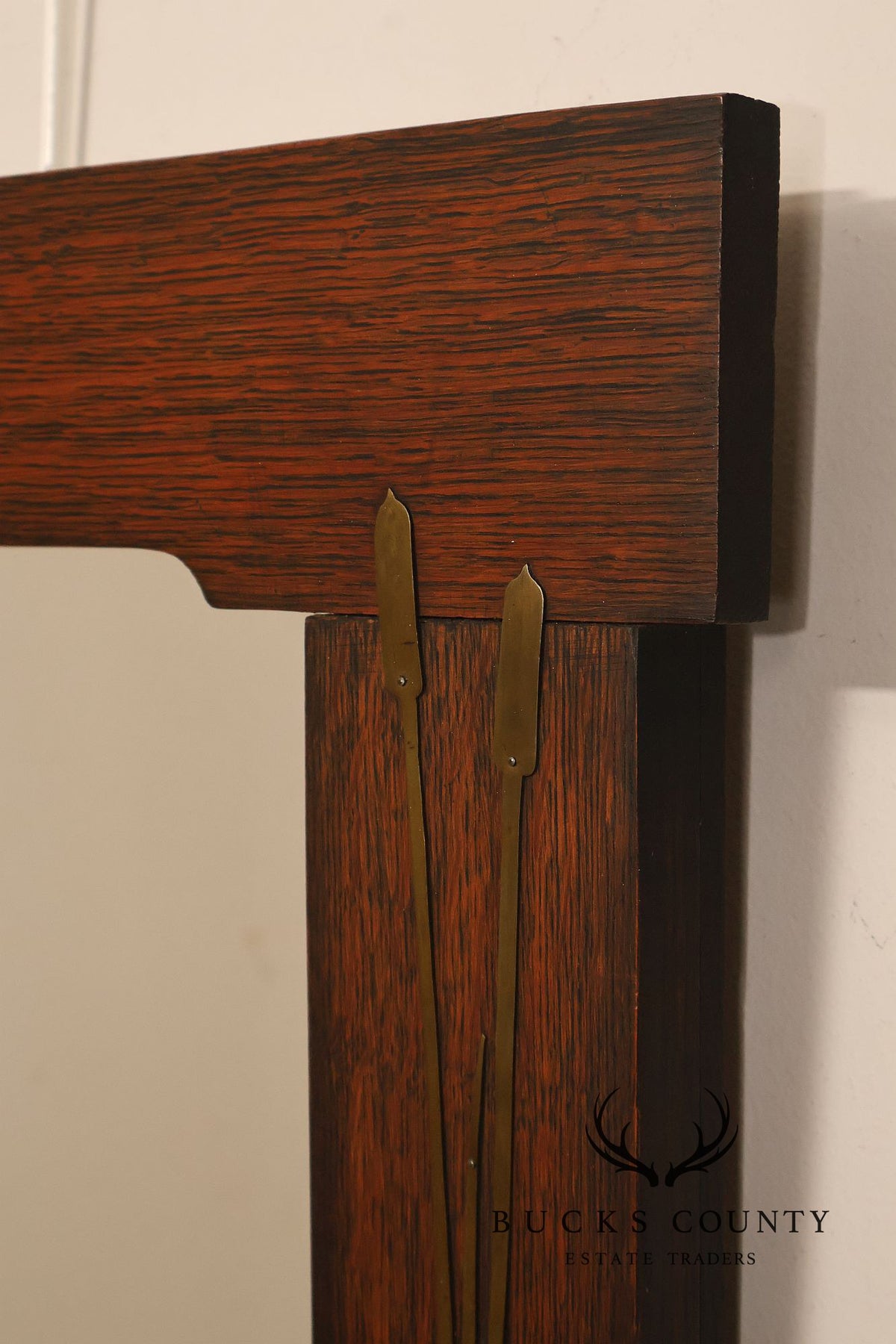 Arts And Crafts Mission Oak Mirror With Brass Cattail Decorative Mounts