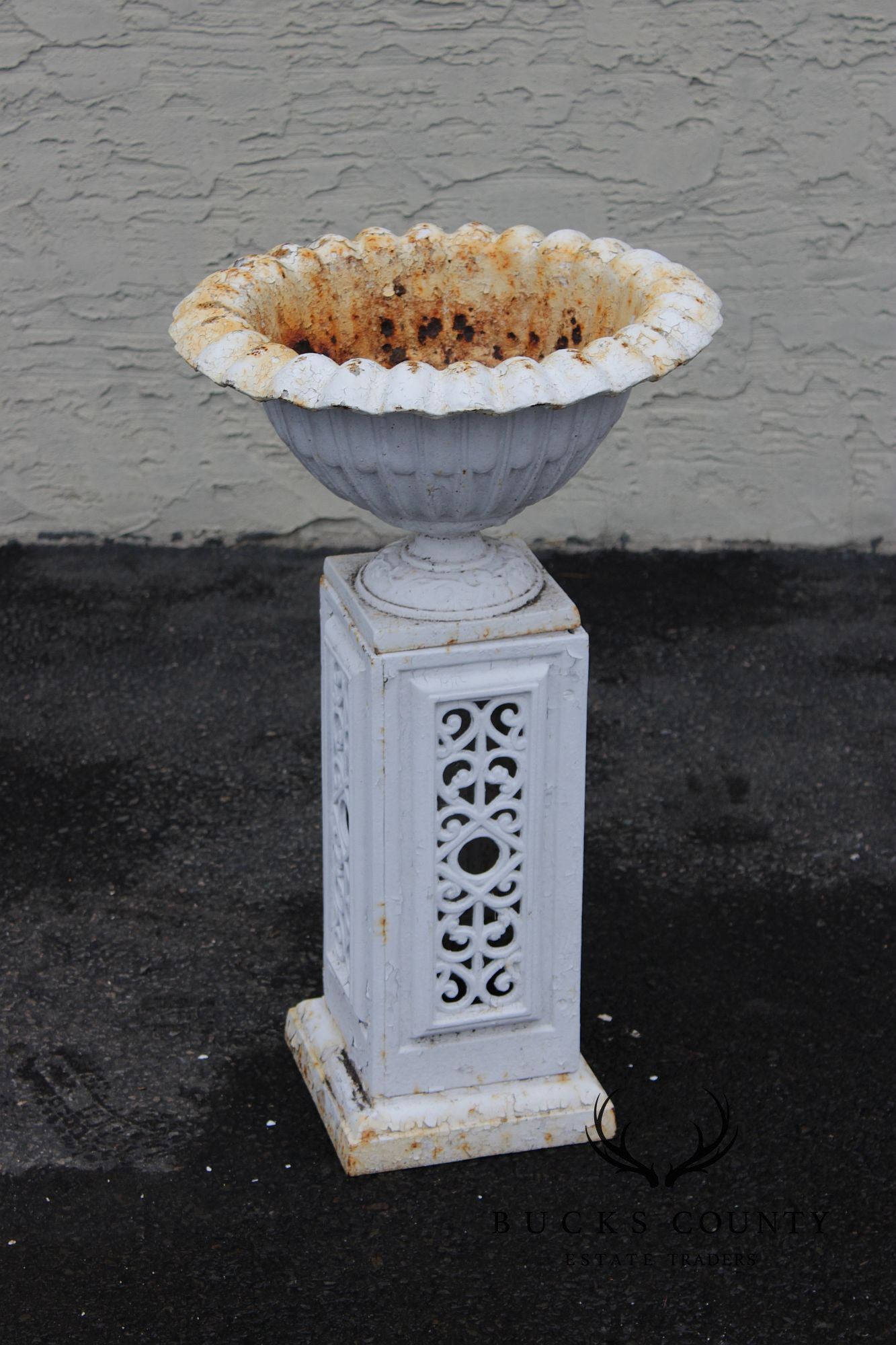 Vintage Pair of Painted Cast Iron Garden Urns on Stands