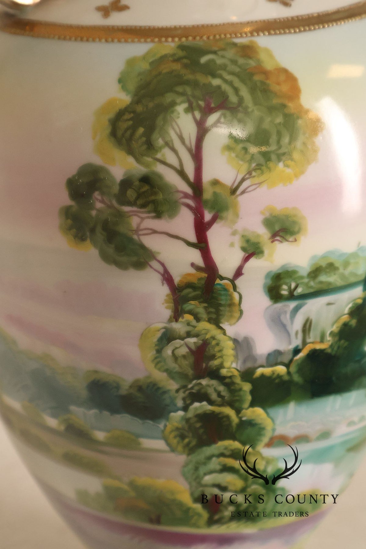 Antique Hand Painted Nippon Porcelain Twin Handle Landscape Urn With Gilt Decoration