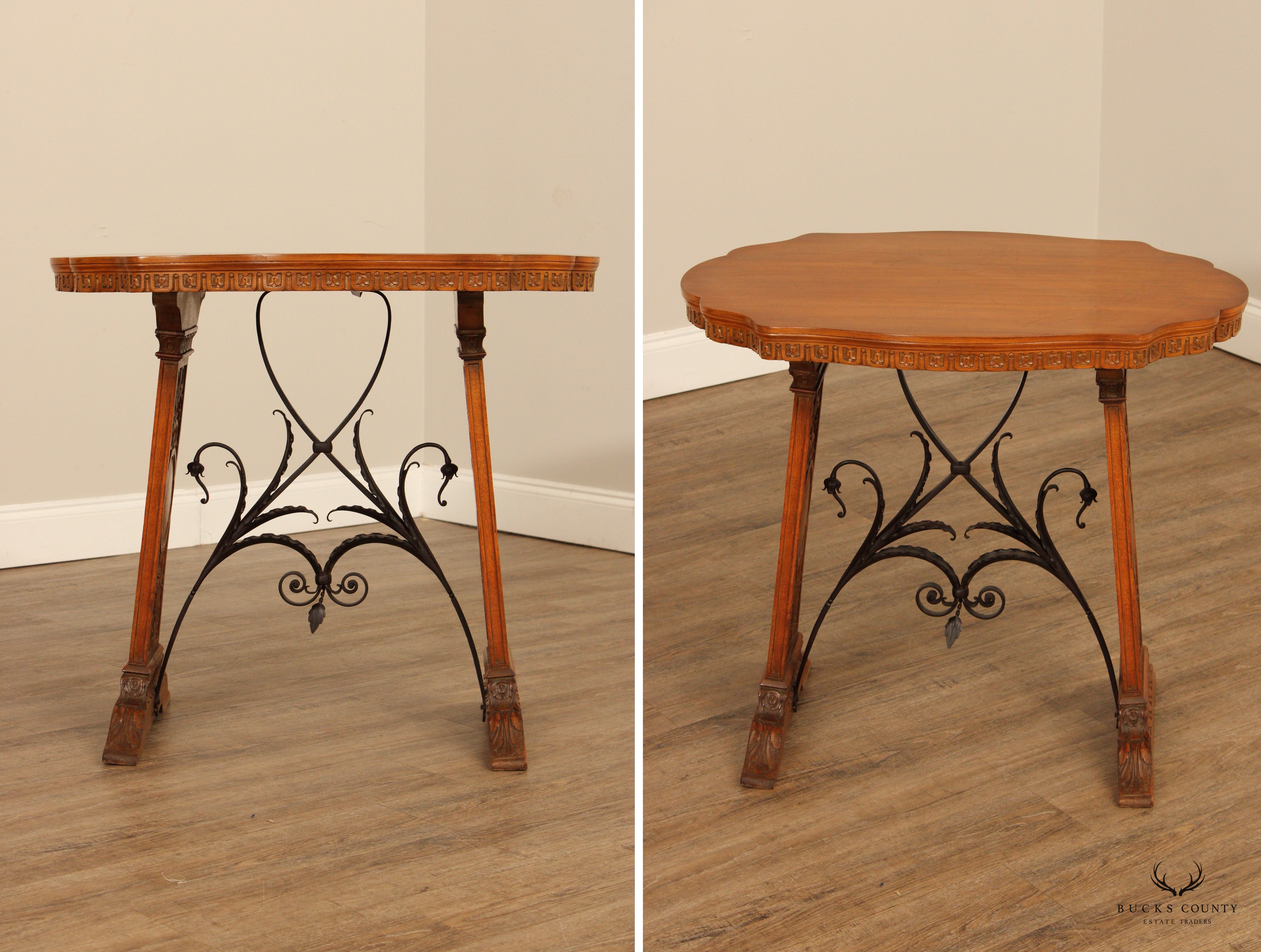Antique Spanish Revival Carved Oak And Forged Iron Trestle Side Table