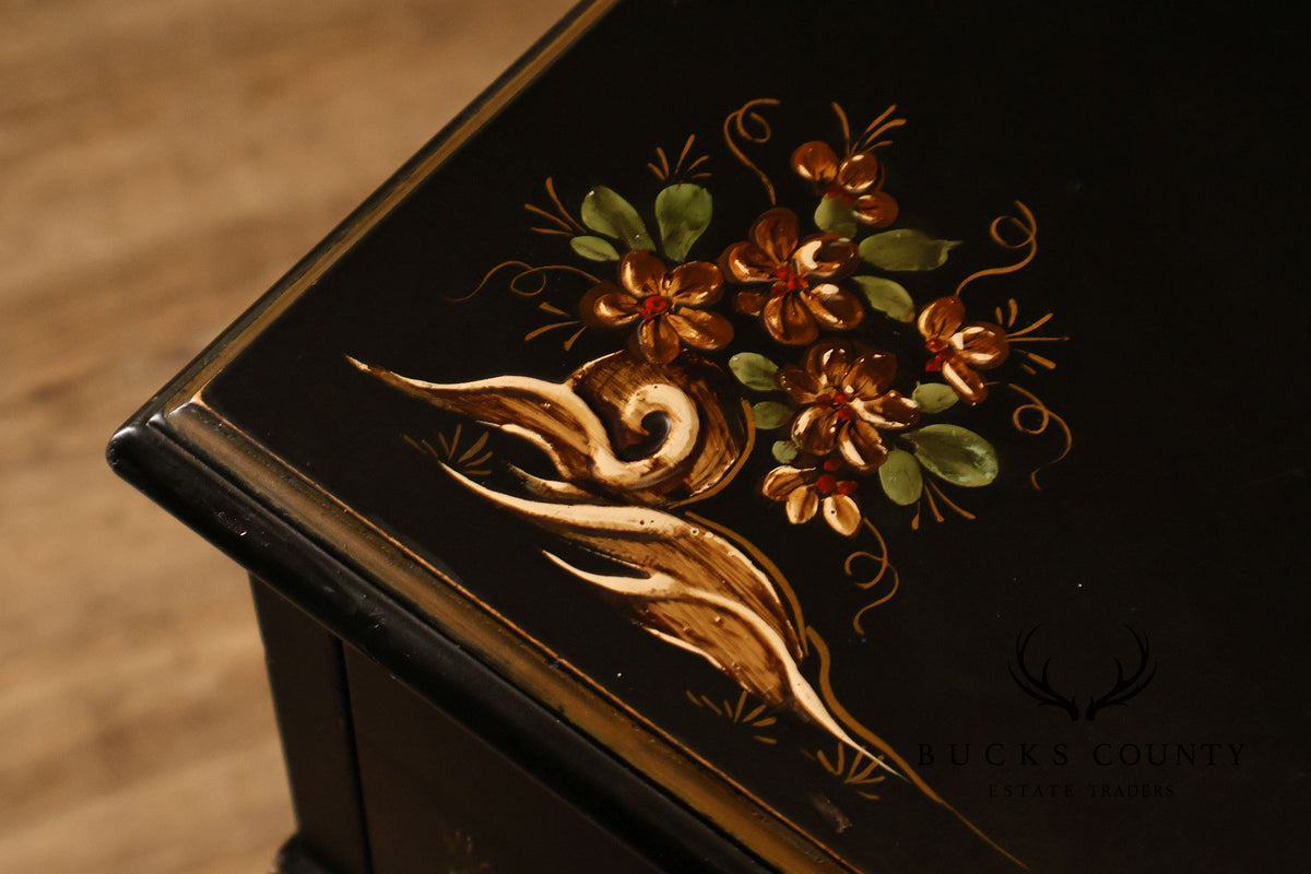 Chinoiserie Style Black Lacquer Hand Painted Sideboard With Hidden Secretary Desk