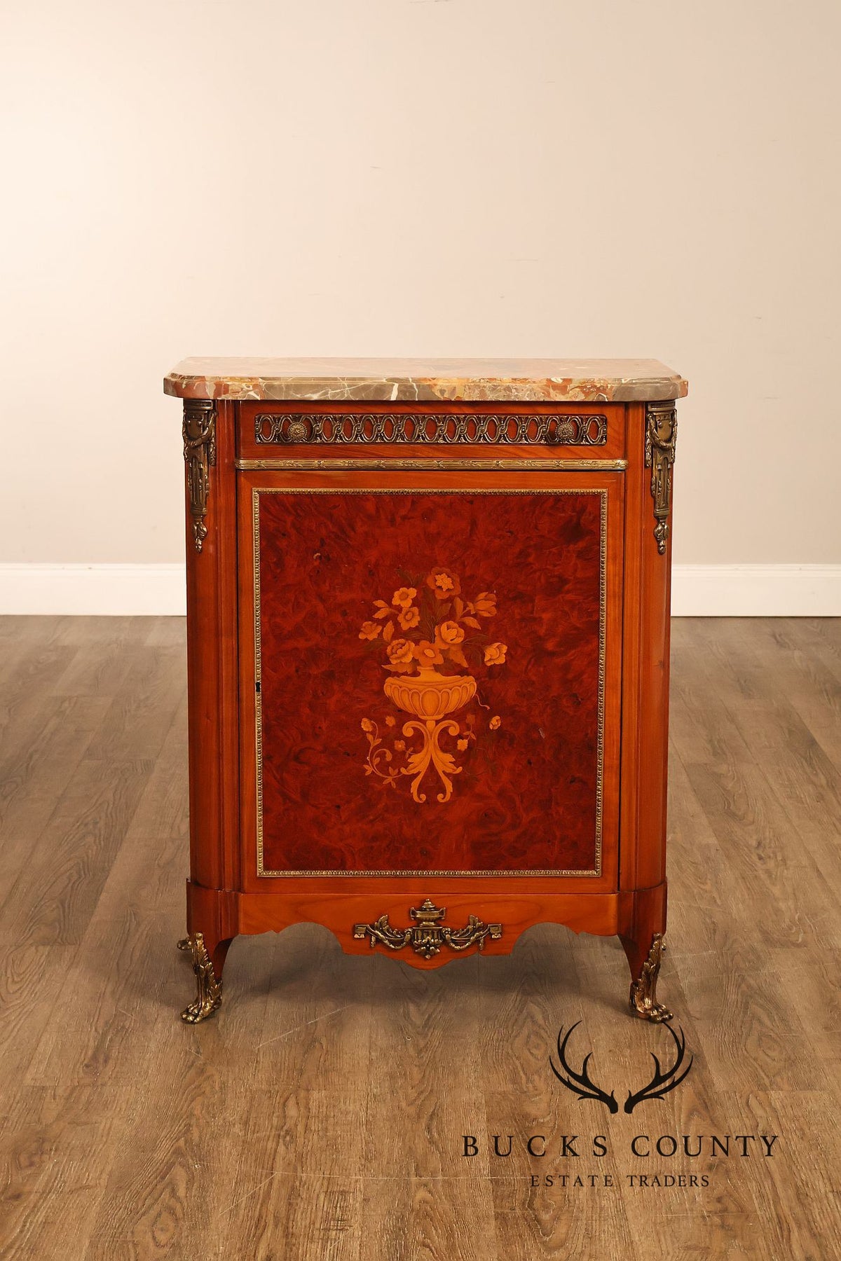 Louis XVI Style Marble Top Marquetry And Bronze Mounted Cabinet