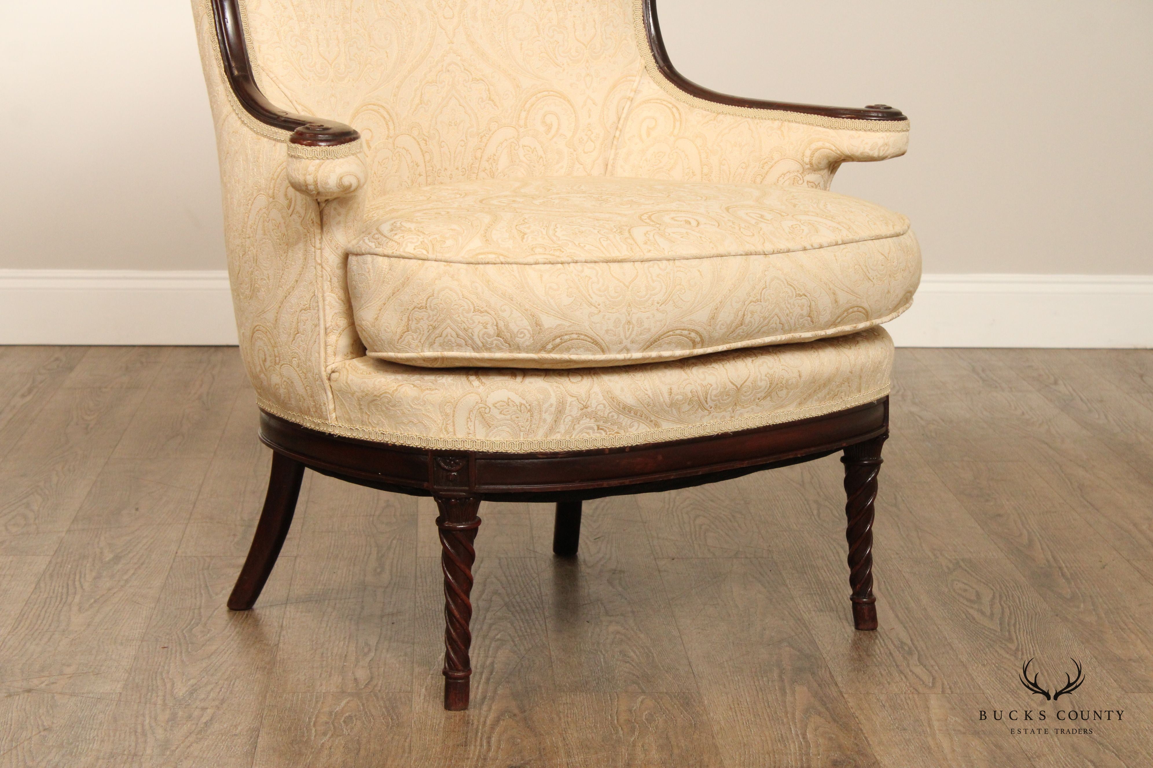 1940's Regency Style Mahogany Frame Damask Wing Chair