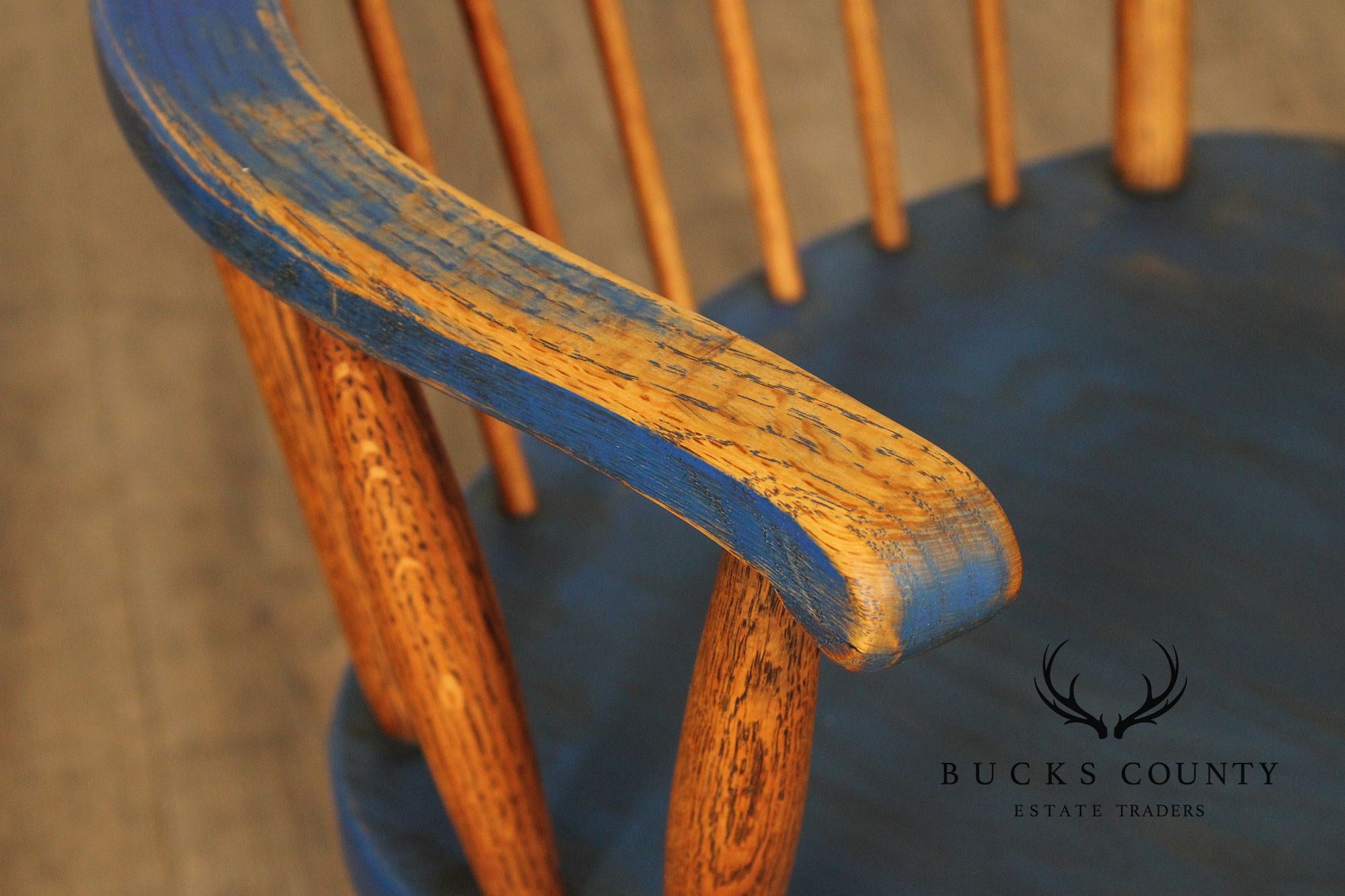 Early American Style Set of Four Oak Painted Windsor Armchairs