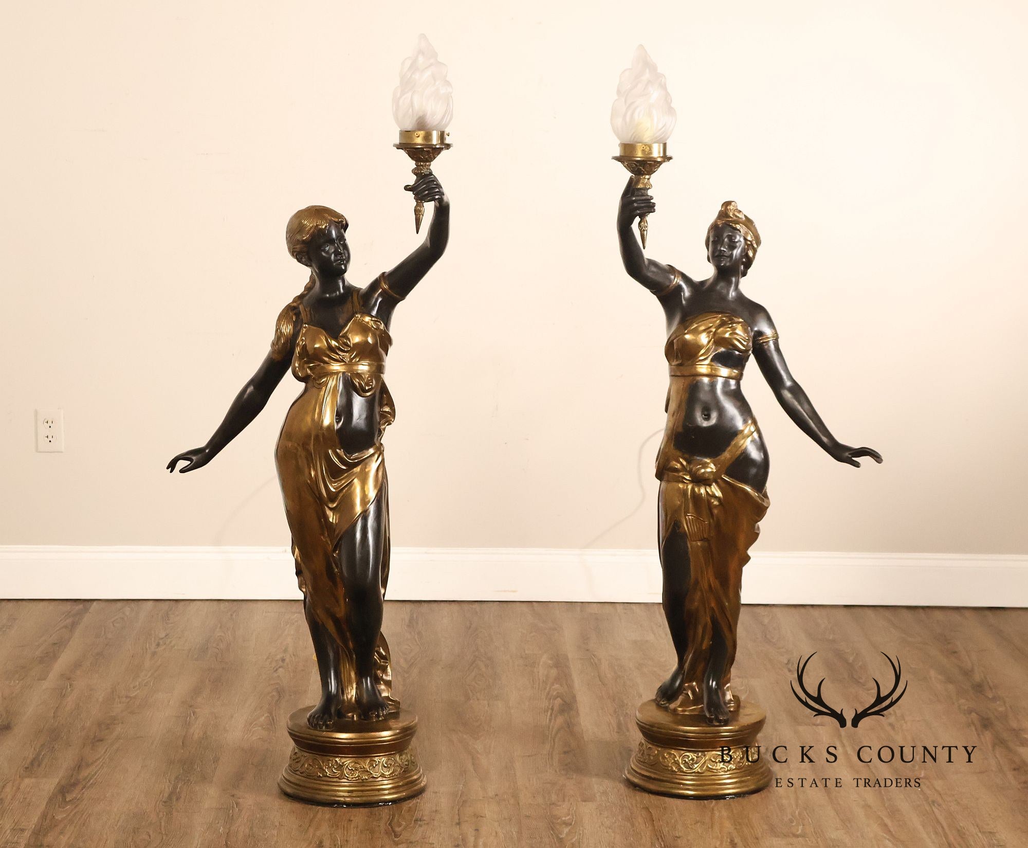 Neoclassical Style Pair Of Bronze Figural Torchere Floor Lamps