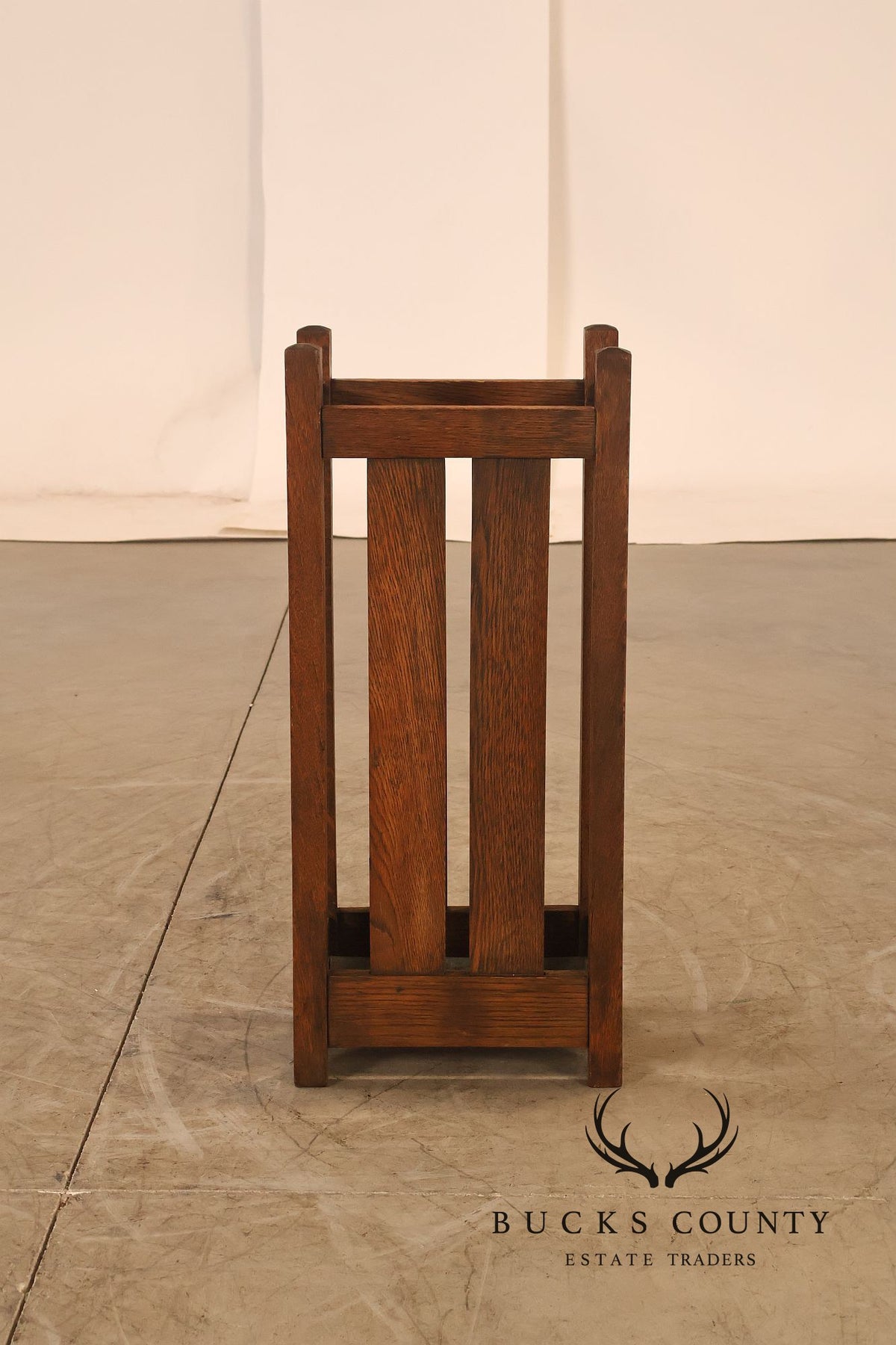 Antique Arts And Crafts Mission Oak Umbrella Stand With Drip Pan