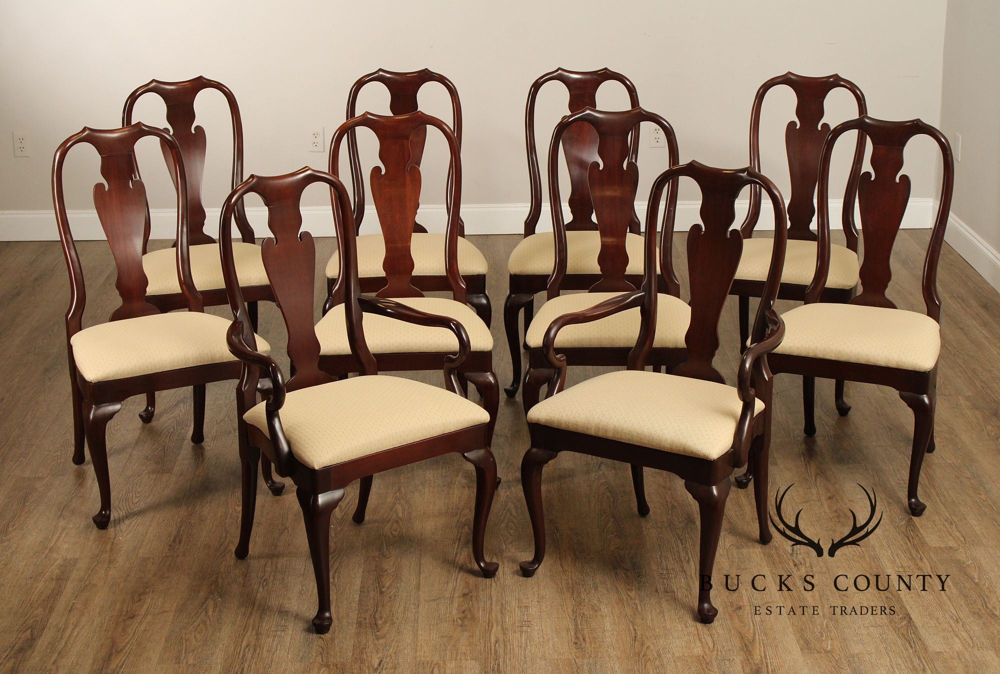 Councill Queen Anne Style Set of Ten Carved Mahogany Dining Chairs