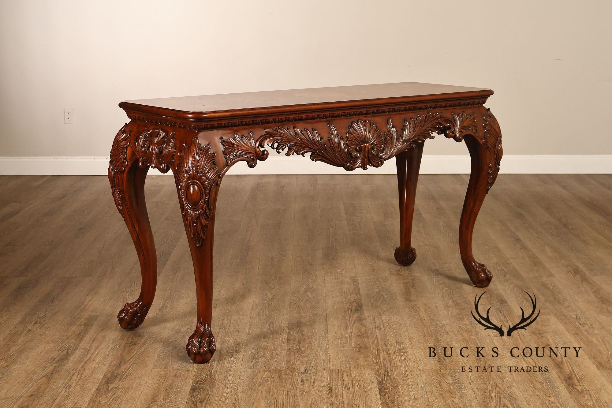 Maitland-Smith Georgian Style Carved Mahogany Inlaid Console Table