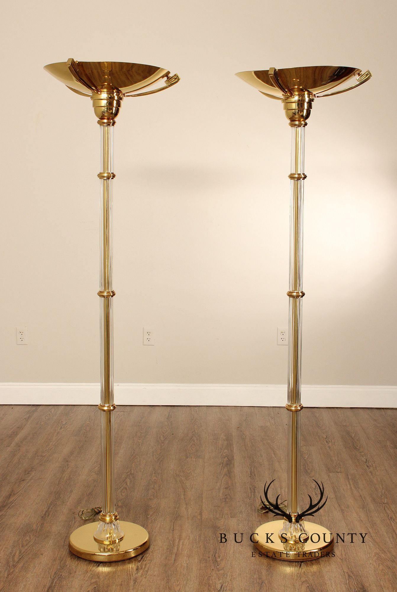 Hollywood Regency Style Pair of Glass and Brass Floor Lamps