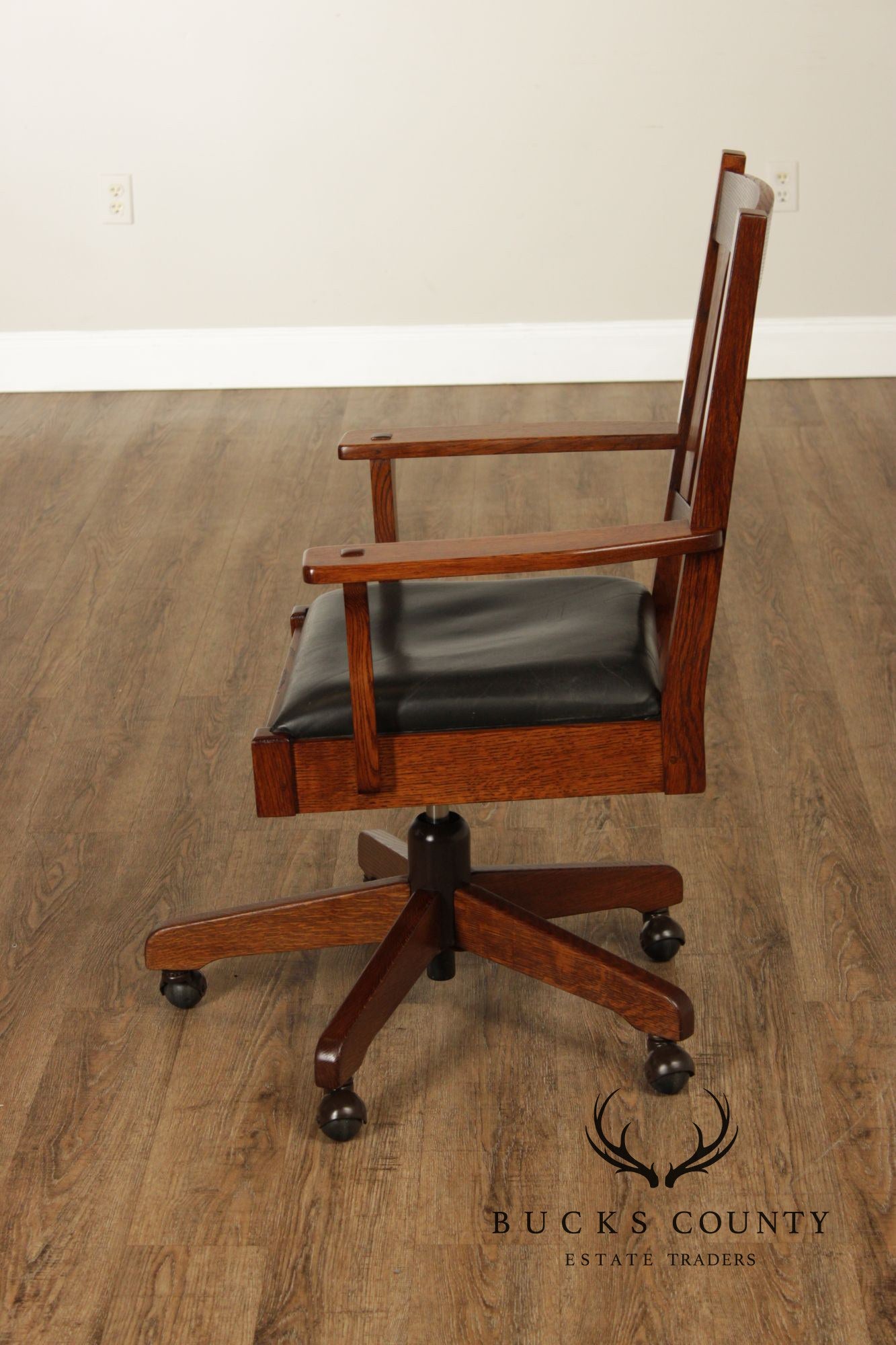 Stickley Mission Collection Oak Swivel Desk Chair With Black Leather Seat