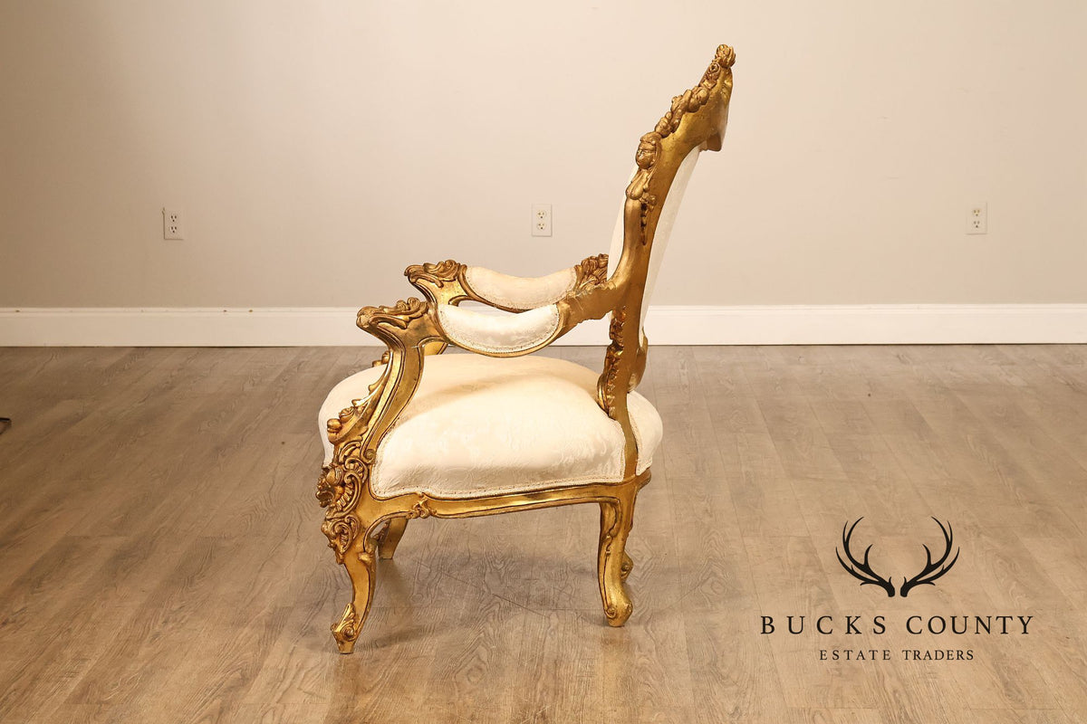 Italian Rococo Style Pair Of Carved Giltwood Upholstered Armchairs