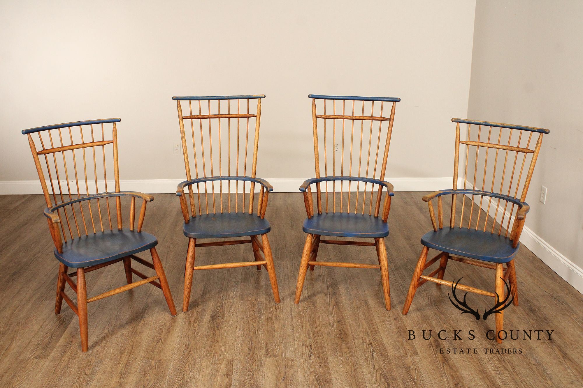 Early American Style Set of Four Oak Painted Windsor Armchairs