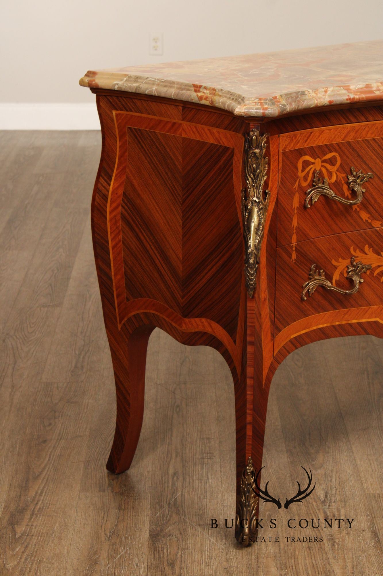 Louis XV Style Pair Of Marquetry Inlaid Marble Top Bombe Commodes