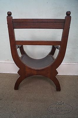 Unusual Antique Aesthetic Walnut Leather Seat X Frame Arm Chair