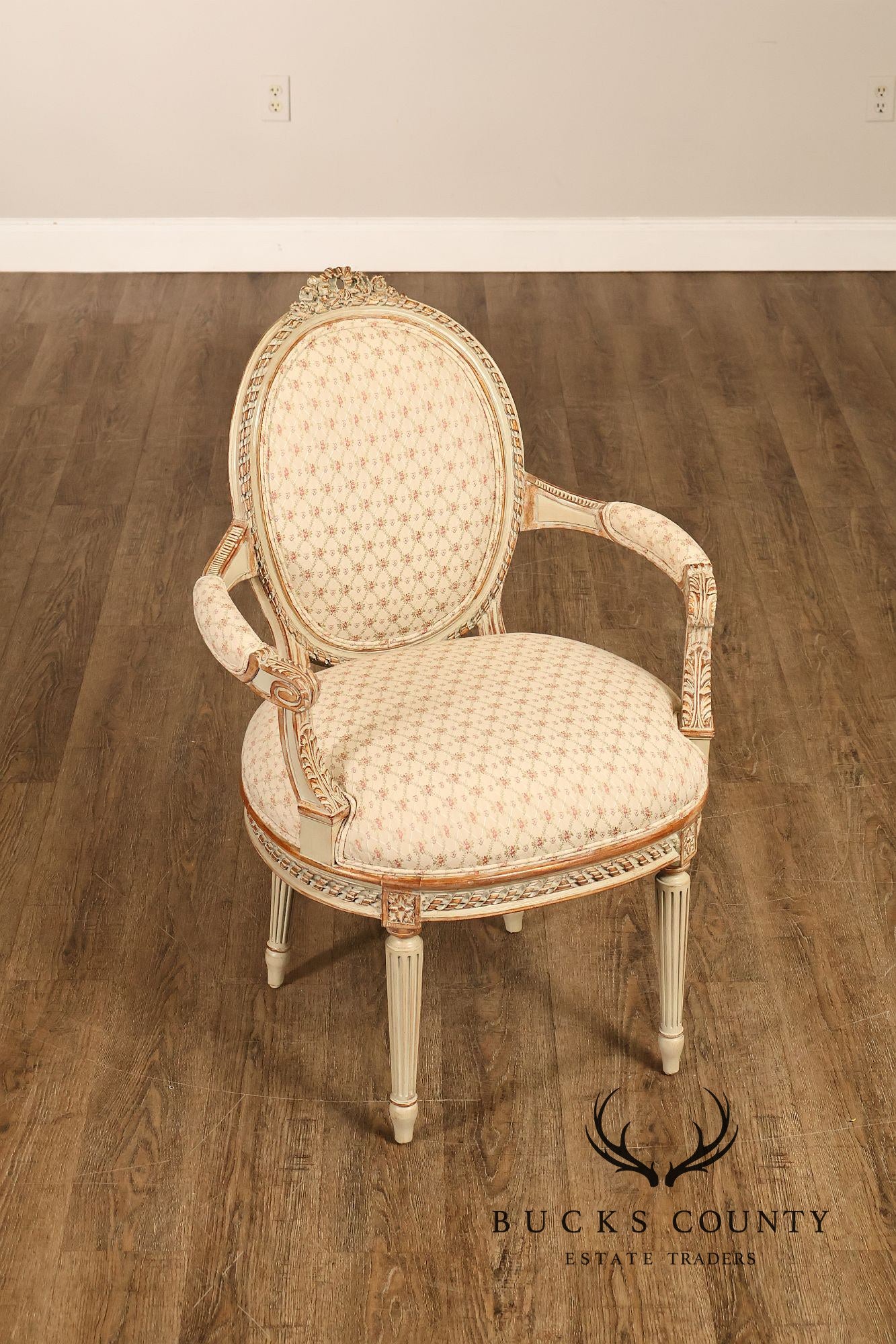 French Louis XVI Style Pair of Cream Painted Armchairs