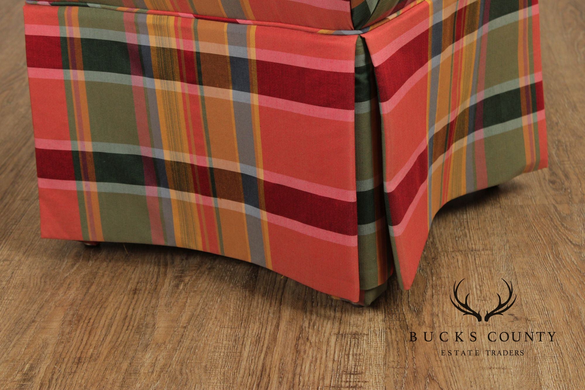'A Colony Original'  Pair Of Upholstered Plaid Skirted Ottomans