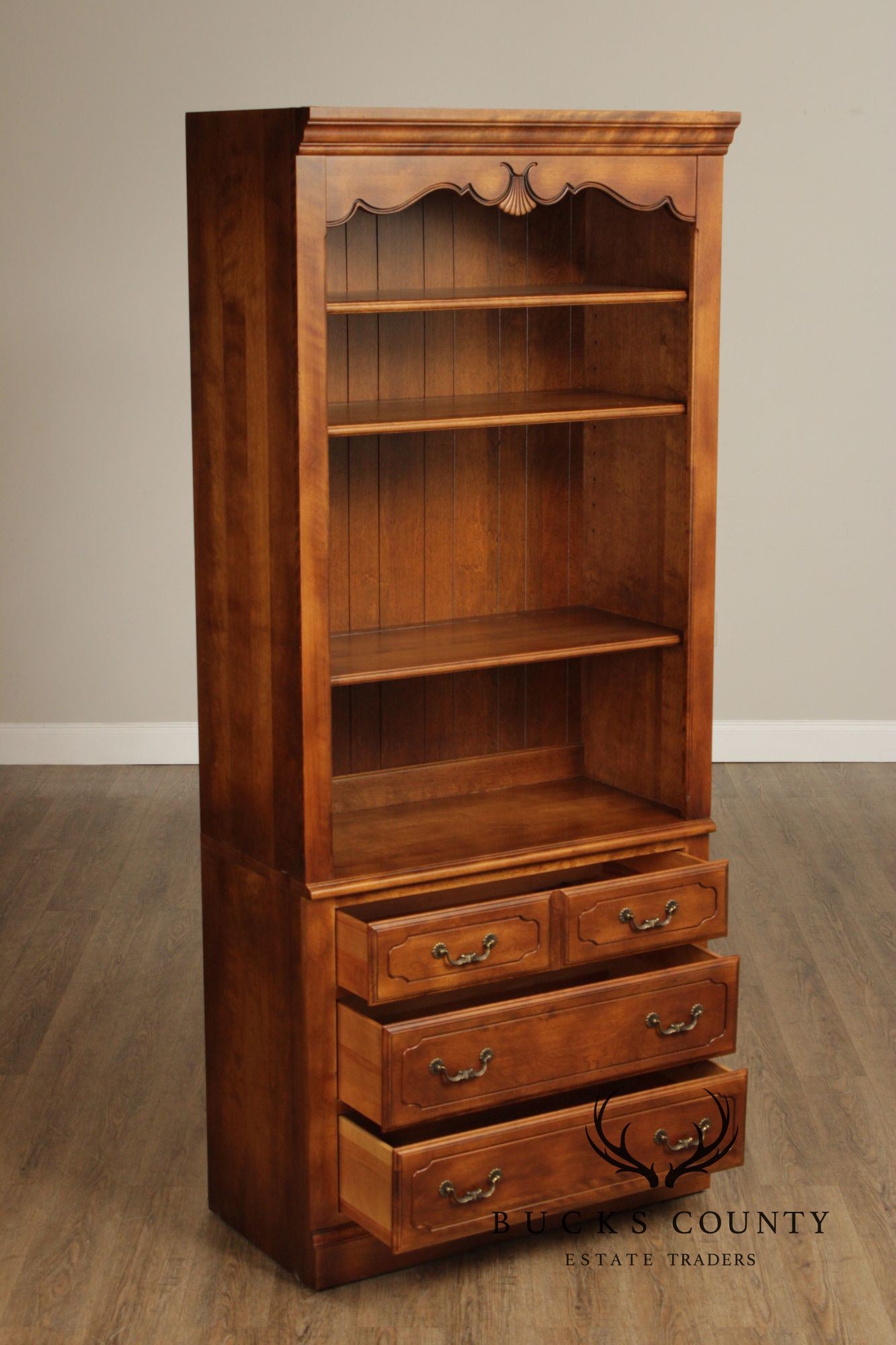 Ethan Allen French Country Tall Open Bookcase with Drawers