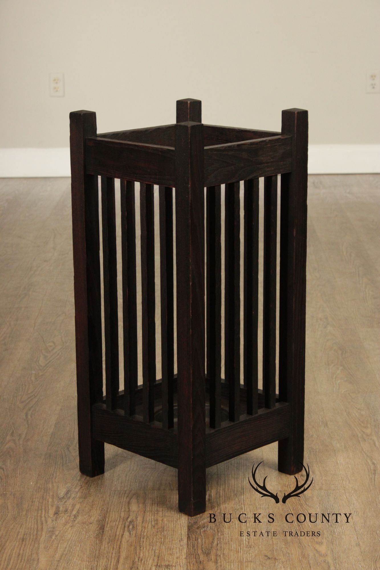 Antique Mission Oak Umbrella Stand With Drip Pan