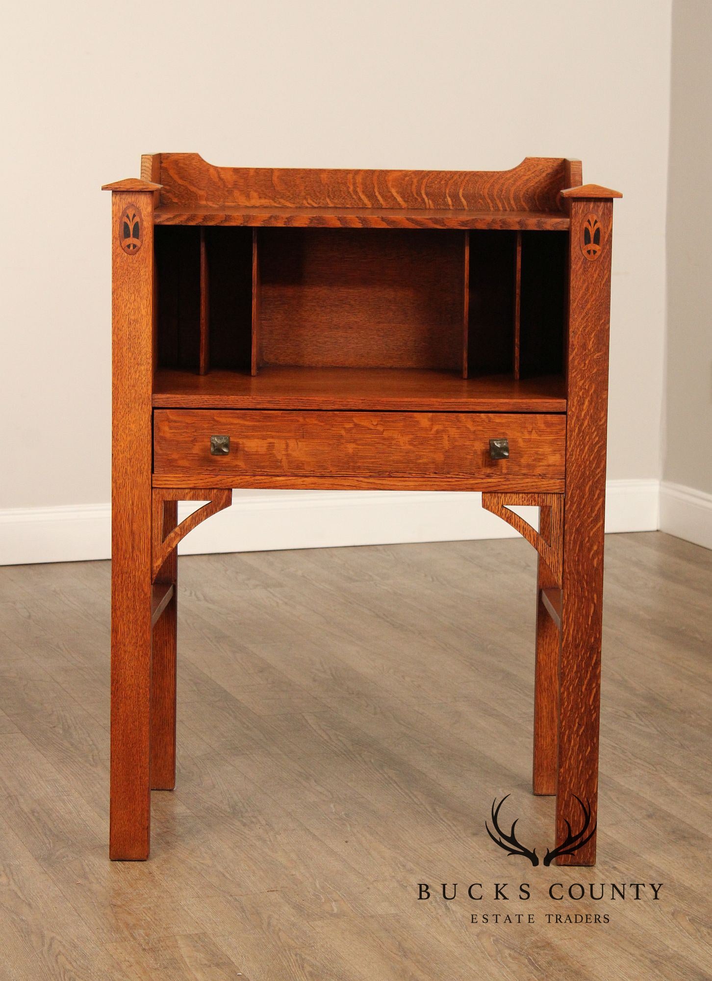 Antique WelBilt Arts & Crafts Inlaid Oak Writing Desk and Chair