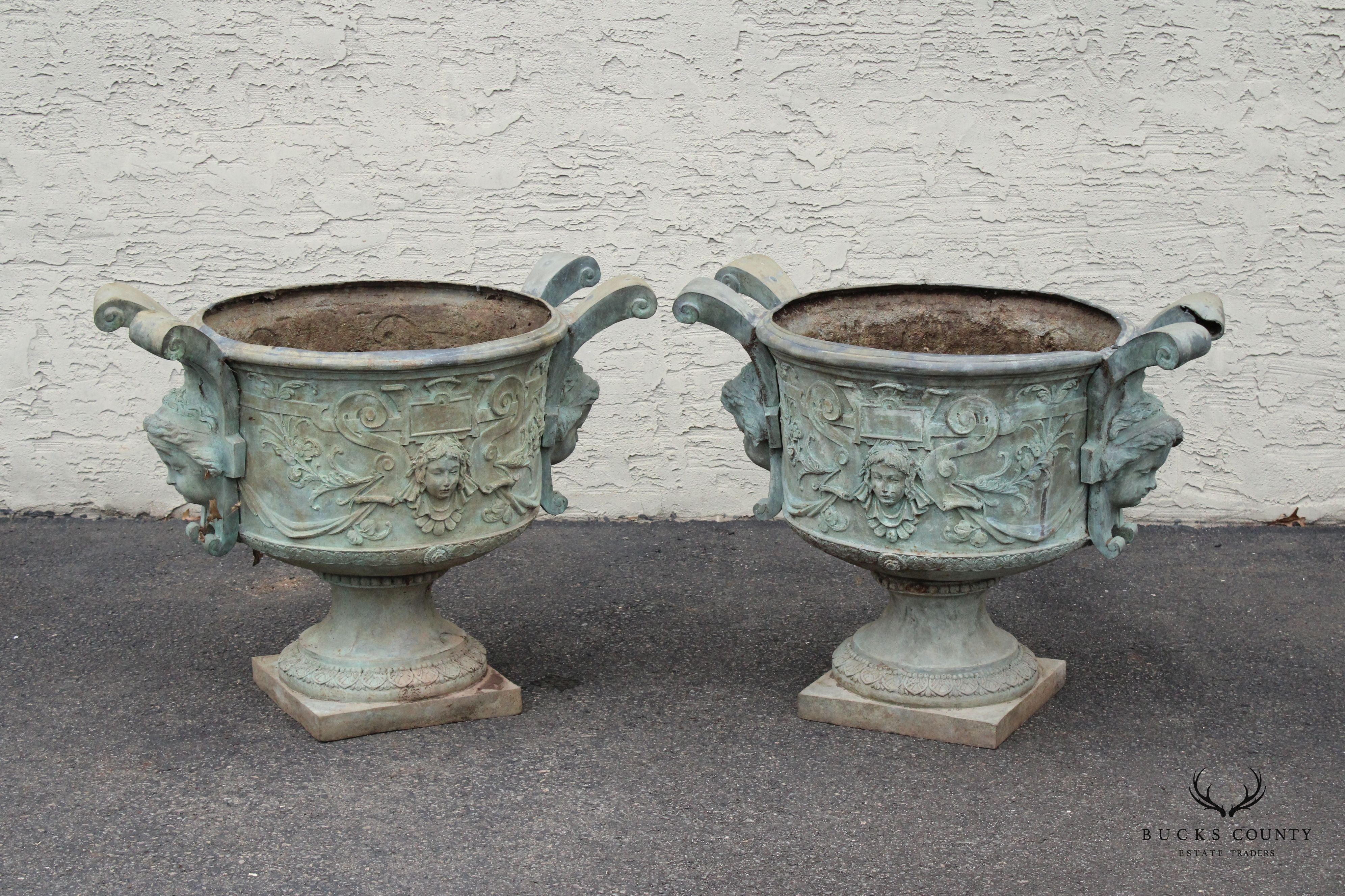 Antique Pair of Lead Alloy Outdoor Garden Urns