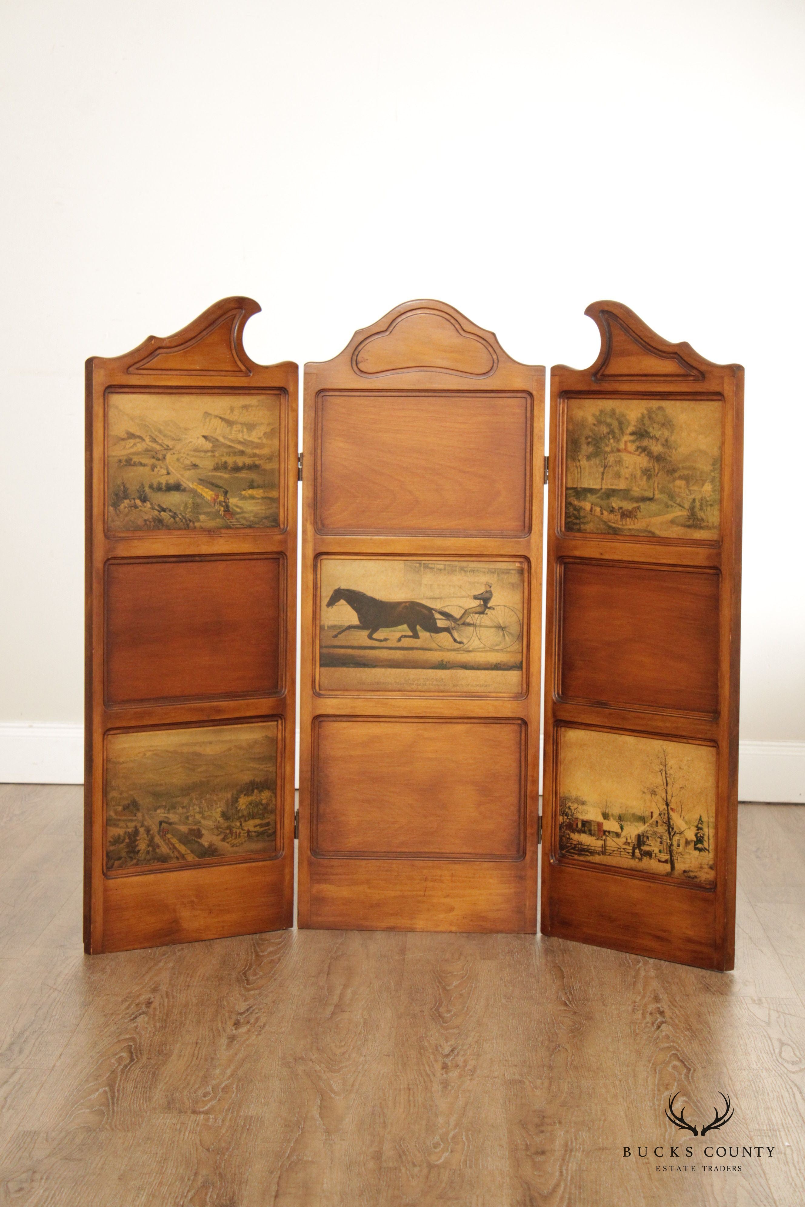 Vintage Three-Panel Decoupage Folding Screen