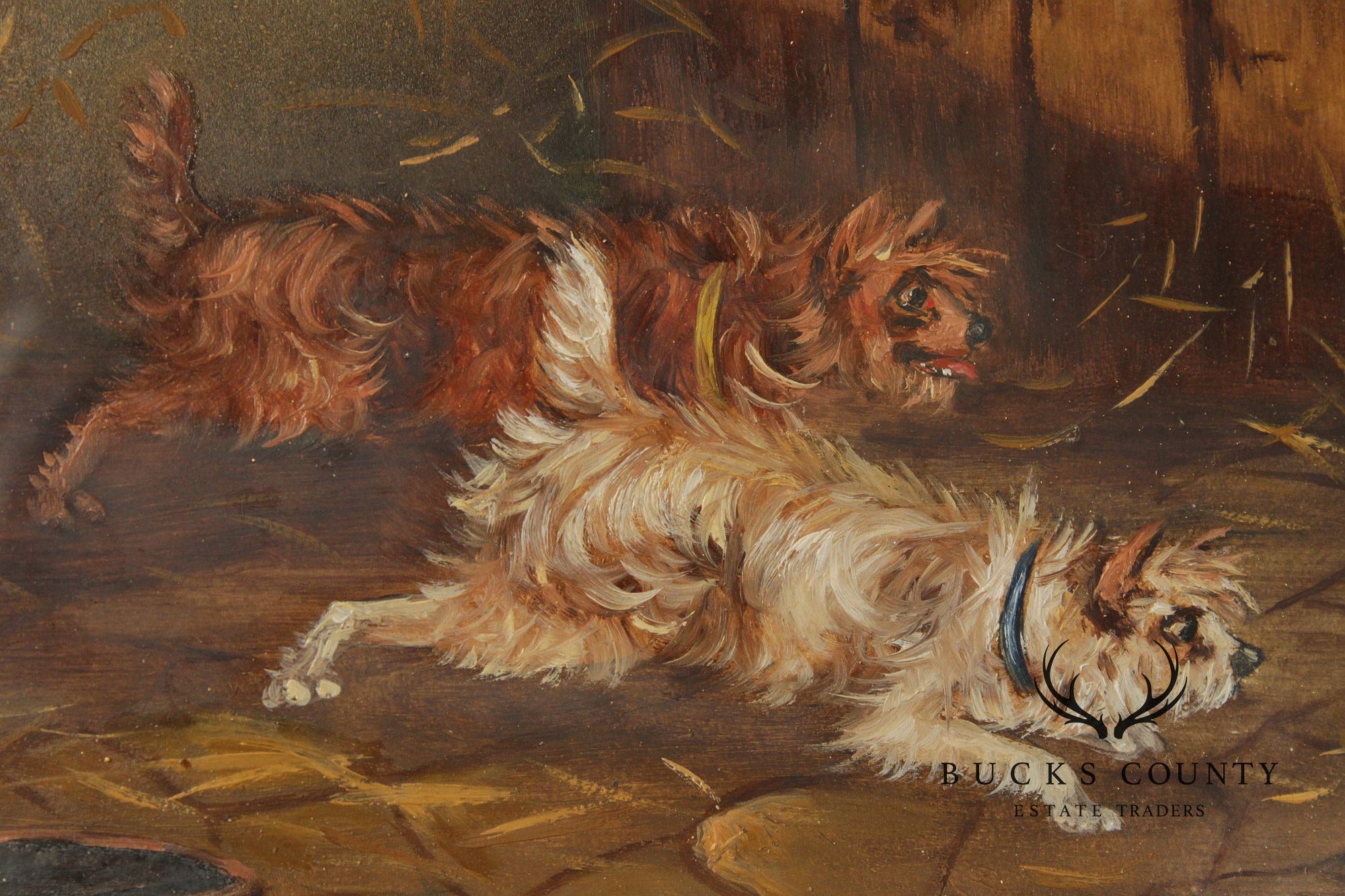 Antique English School Oil Painting, Dogs in Barn