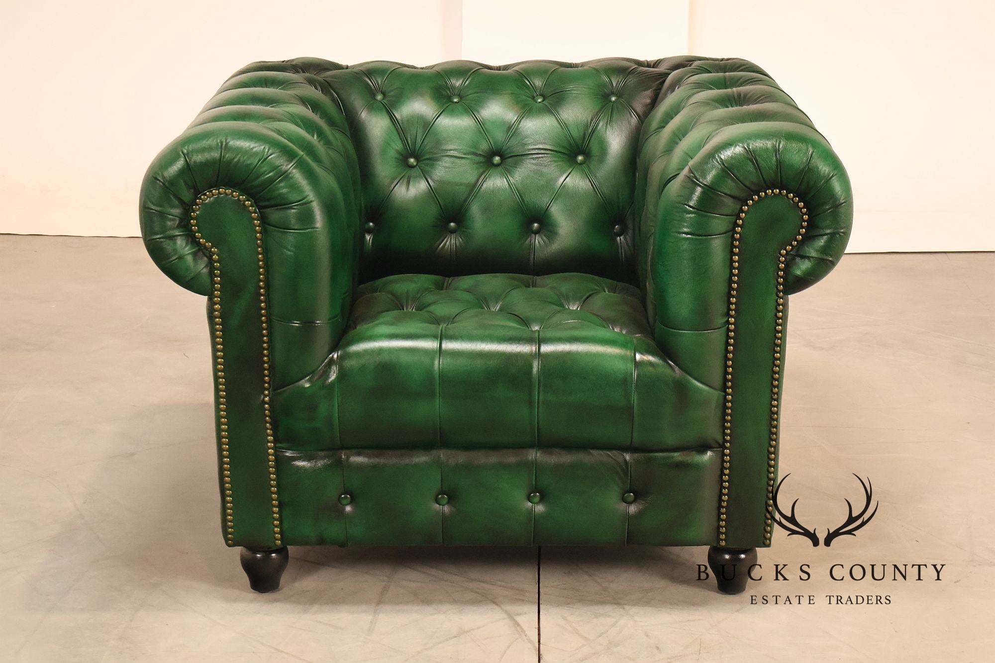 Chesterfield Style Pair of Green Leather Club Chairs