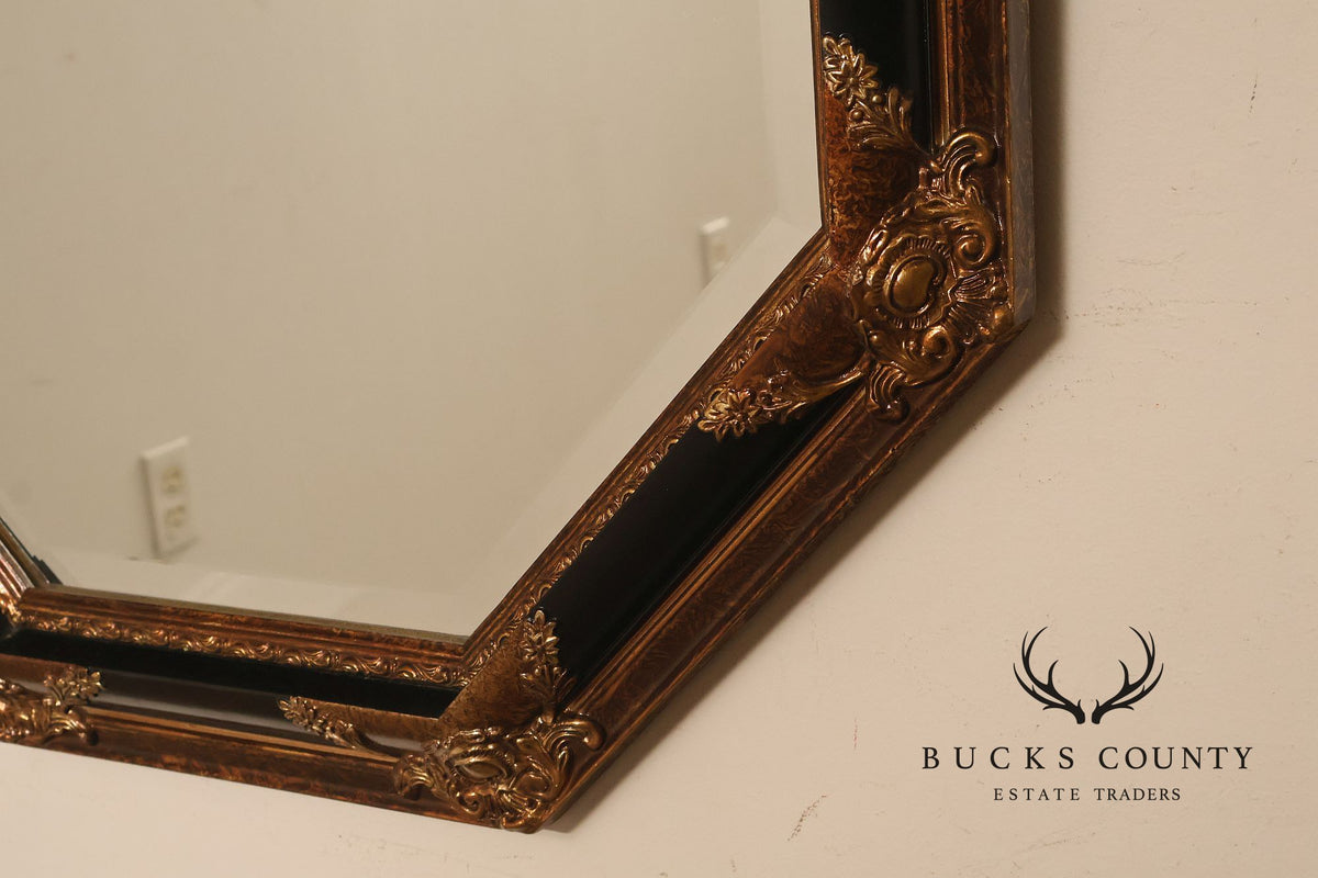 Traditional Octagonal Black And Gilt Beveled Wall Mirror