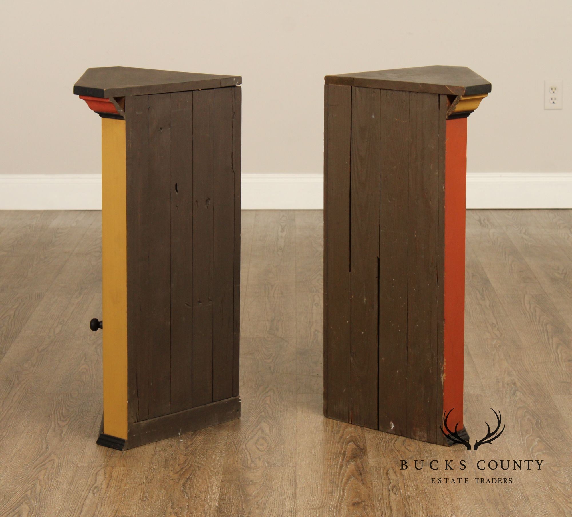 Pair Of Handcrafted Folk Art Painted Pine Corner Cabinets