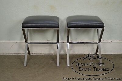 X Base Pair of Chrome & Leather Stools