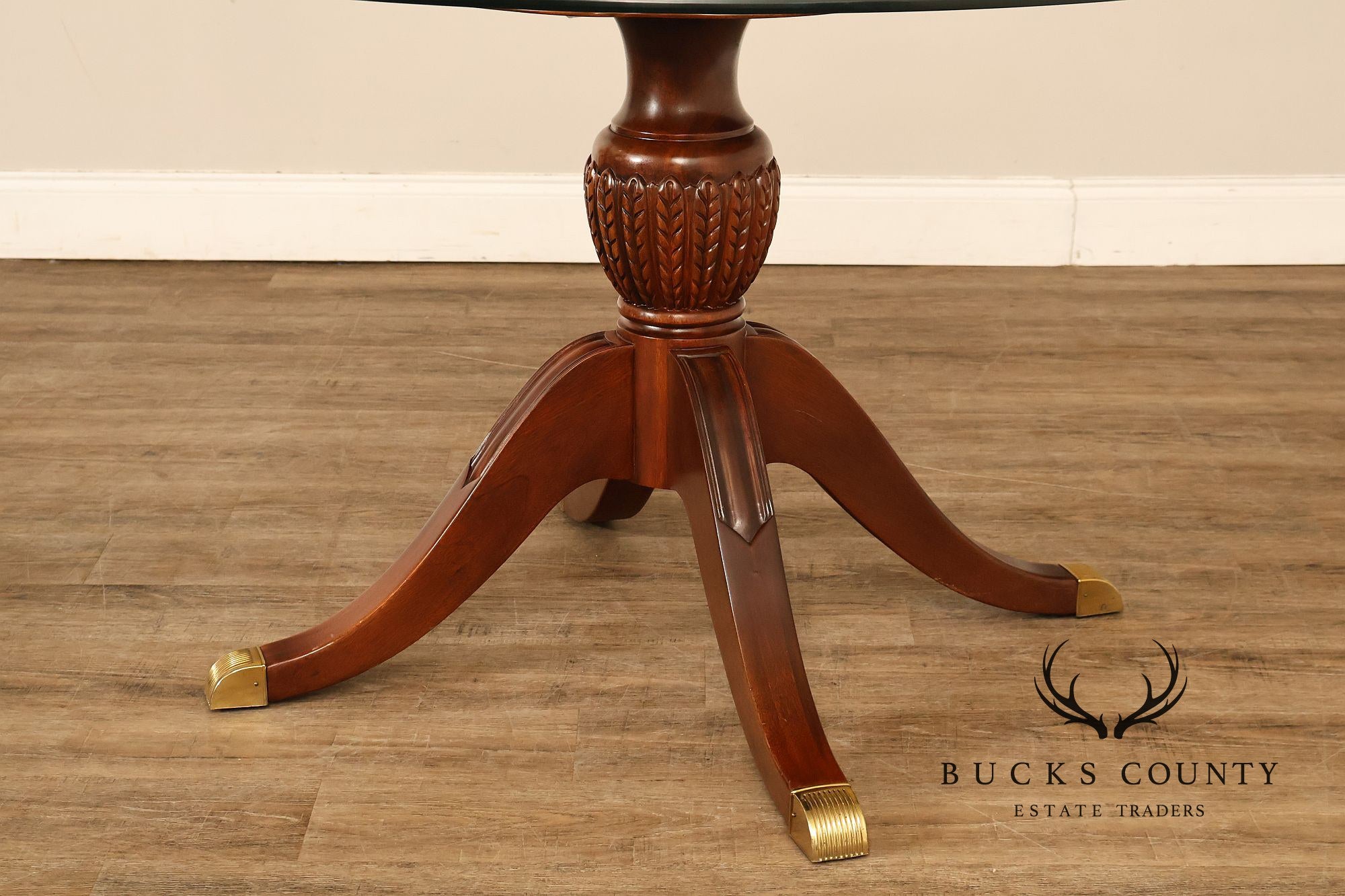 Lexington Furniture Round Glass Top Carved Mahogany Pedestal Table with Center Medallion