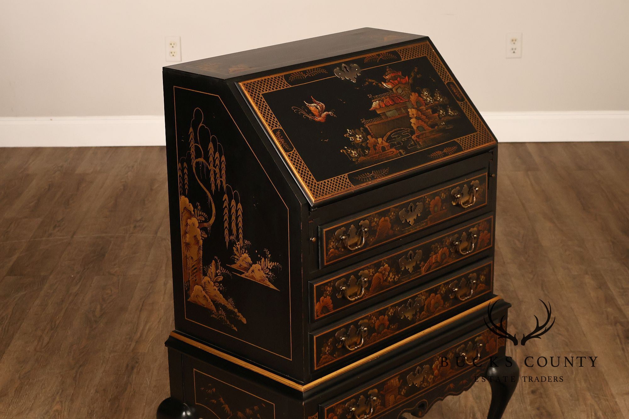 Queen Anne Style Chinoiserie Slant Front Writing Desk