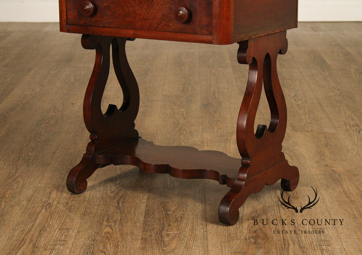 Antique American Empire Mahogany Lyre Form Two-Drawer Work Table