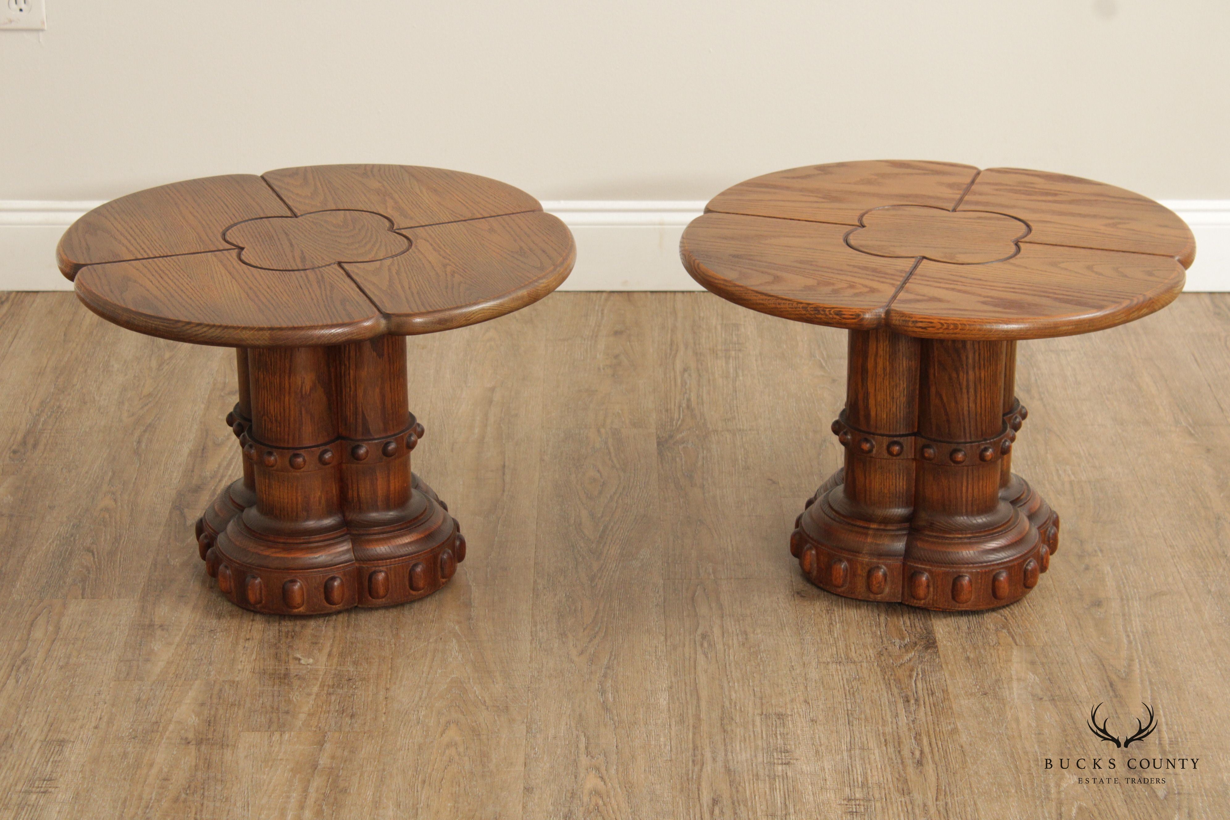 Vintage Pair Of Oak Carved Base Clover Top Side Tables