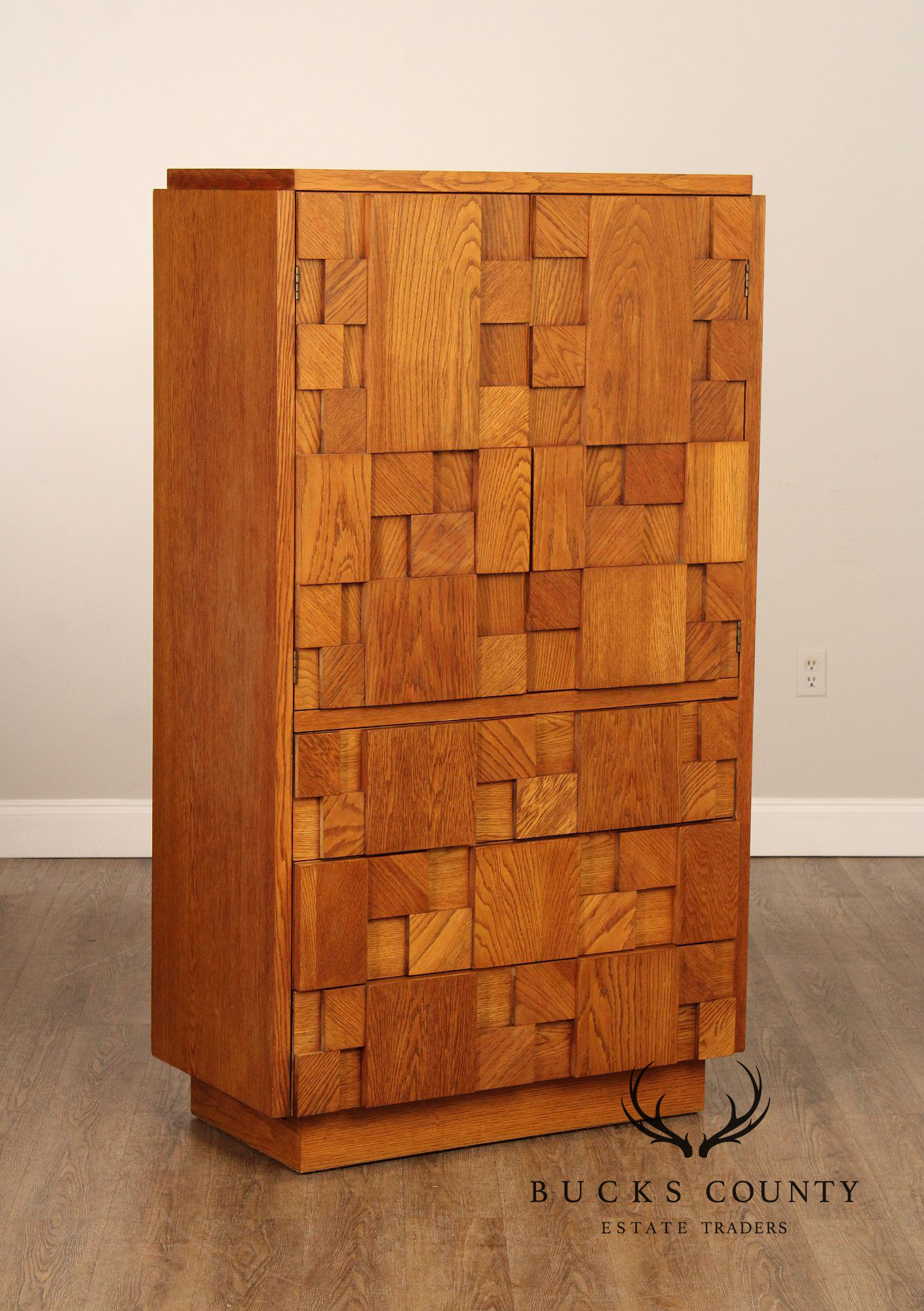 Lane Mid Century Modern Brutalist Oak Armoire