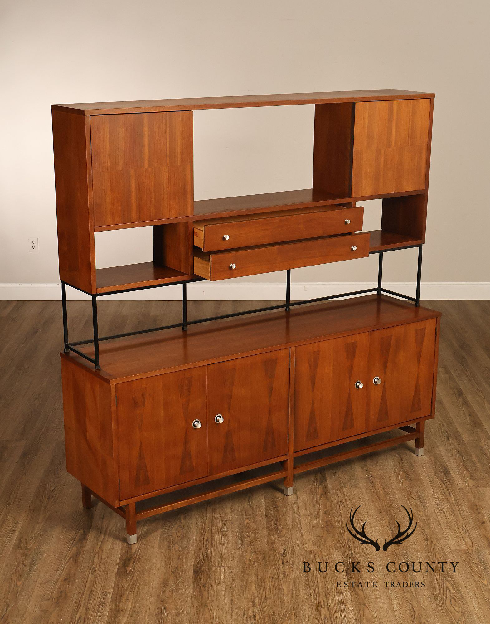 Stanley Mid Century Modern Walnut & Rosewood Inlaid Wall Unit Credenza