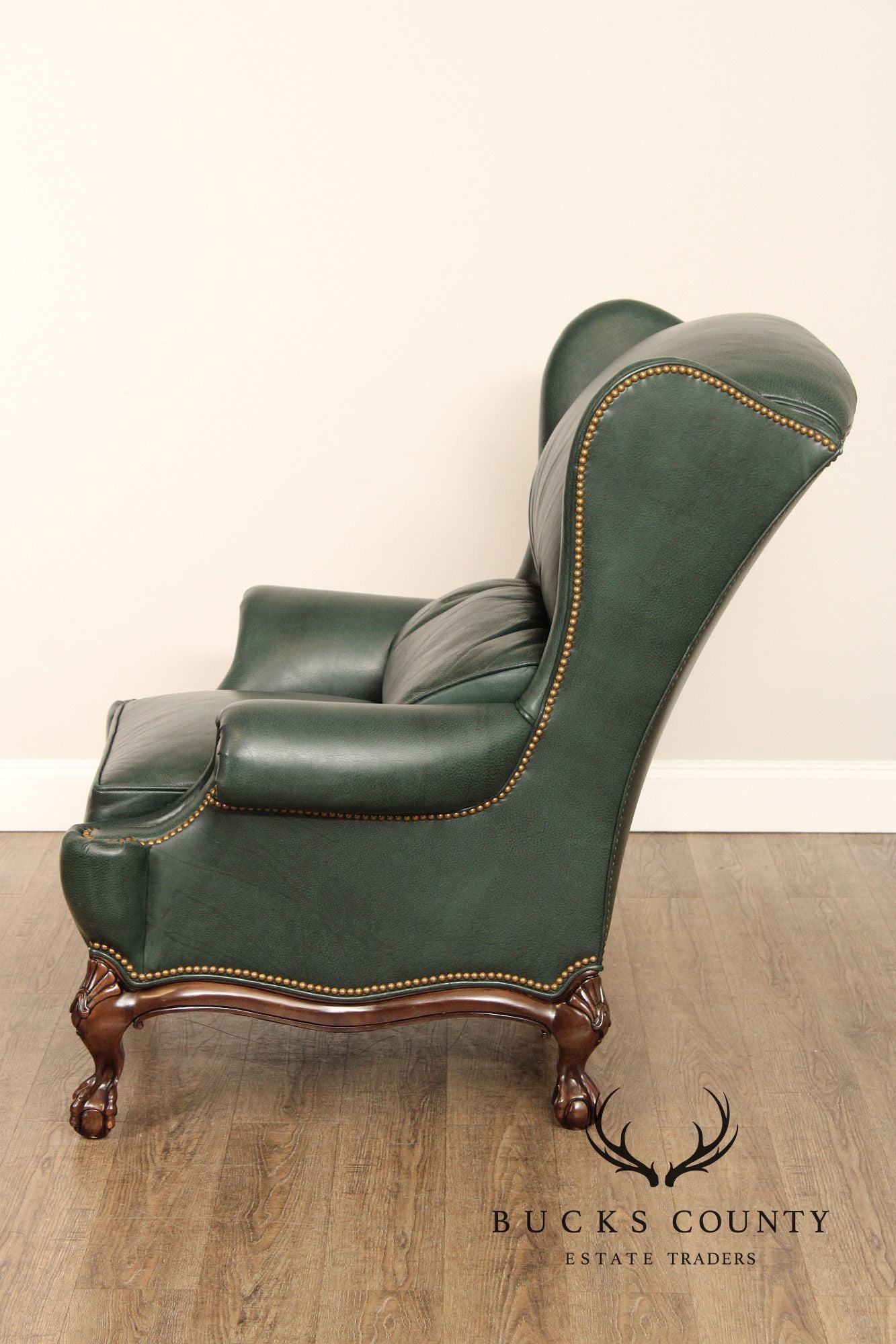 Hancock & Moore Chippendale Style Pair Of Green Leather Bustle Back Wing Chairs