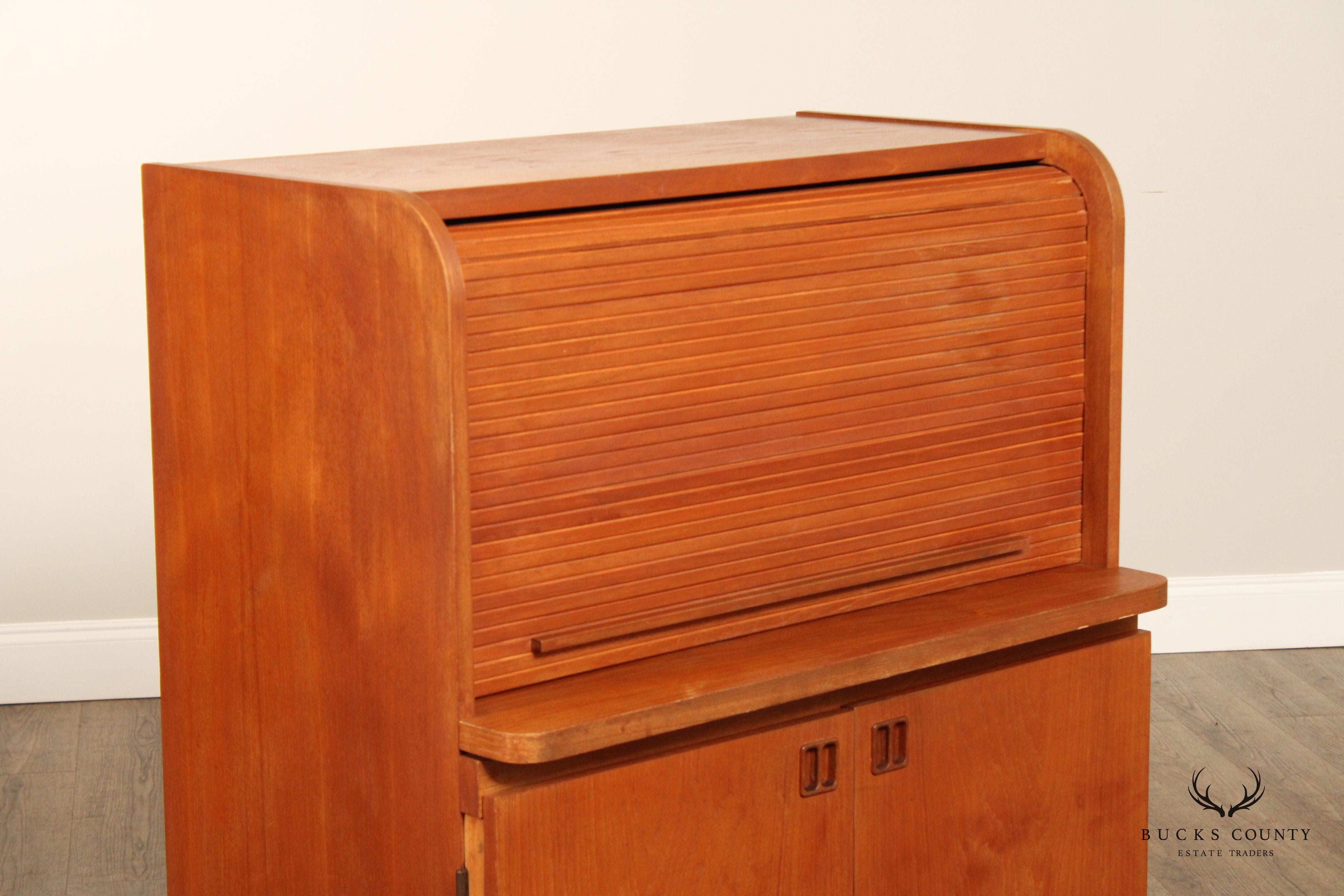 Danish Modern Vintage Teak Roll Top Bar Cabinet or Secretary Desk