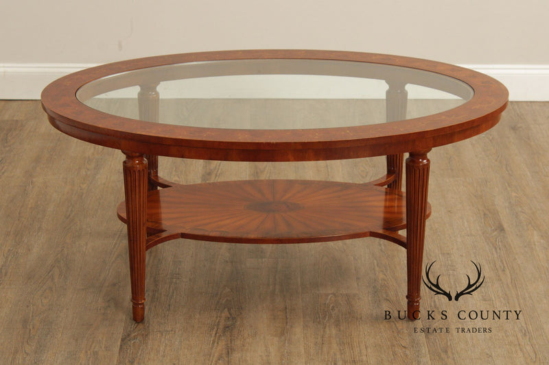 Maitland Smith Glass Top Oval Marquetry Inlaid Coffee Table