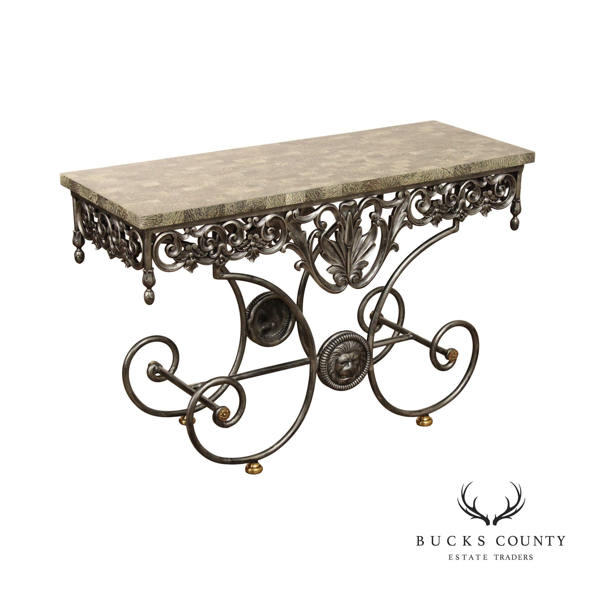 Maitland Smith Italian Regency Style Wrought Iron Stone Top Console Table