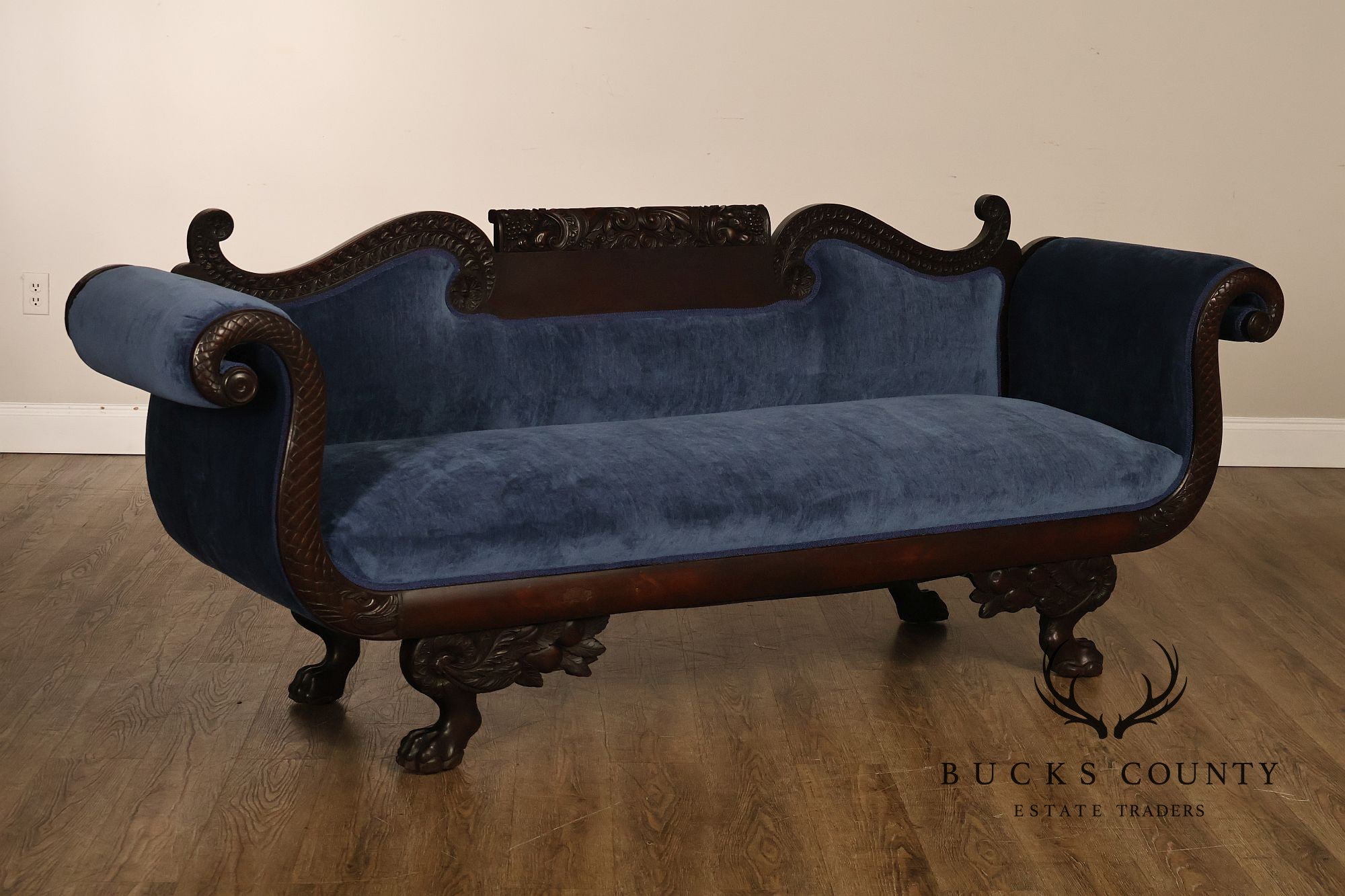 Antique American Empire Mahogany Carved Swan Arm Sofa With Blue  Upholstery