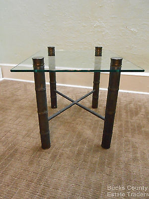 Vintage MidCentury Hollywood Regency Faux Bamboo Brass Based Glass Top End Table