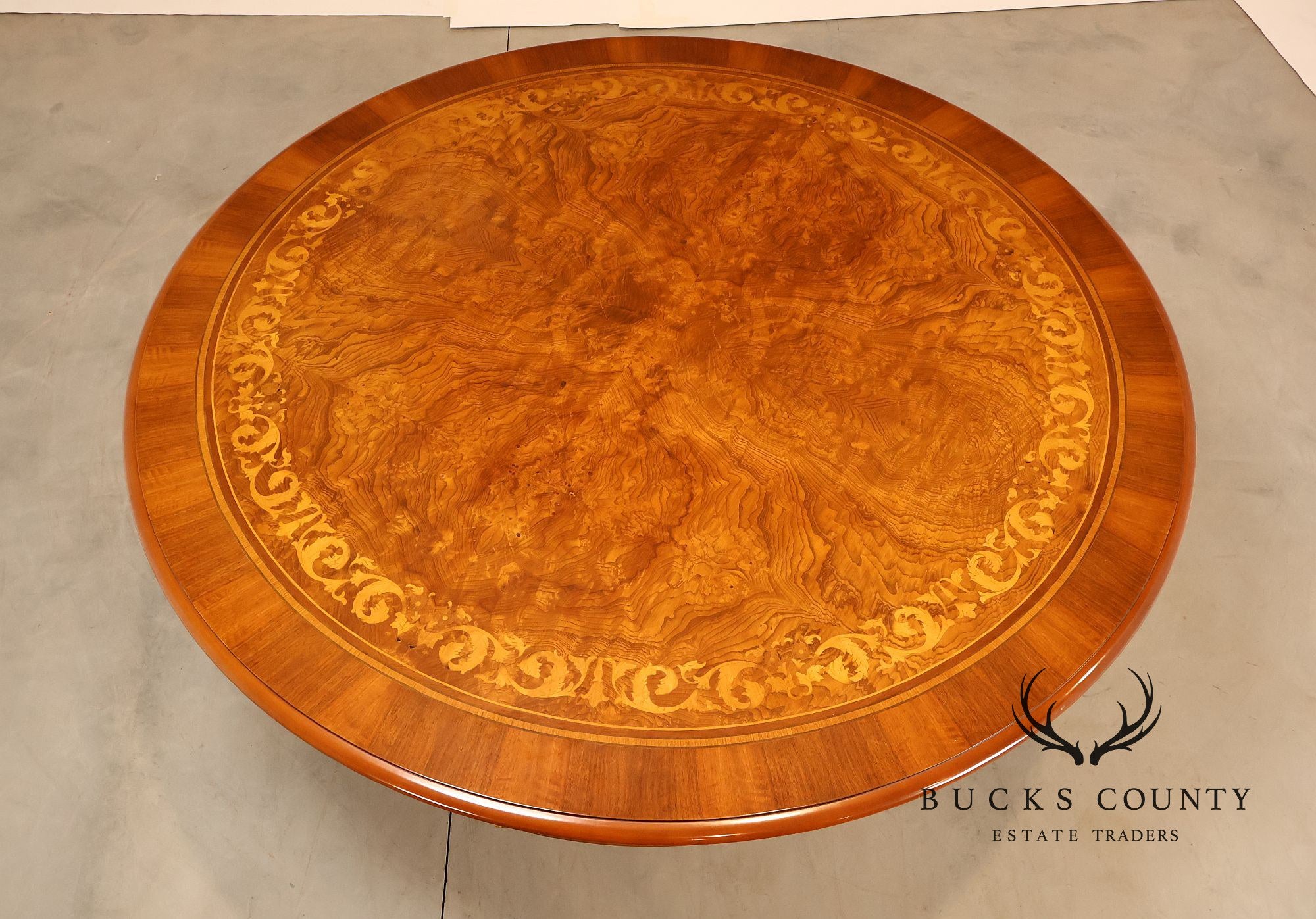 Italian 72" Round Inlaid Burl Wood Dining Table With Lazy Susan