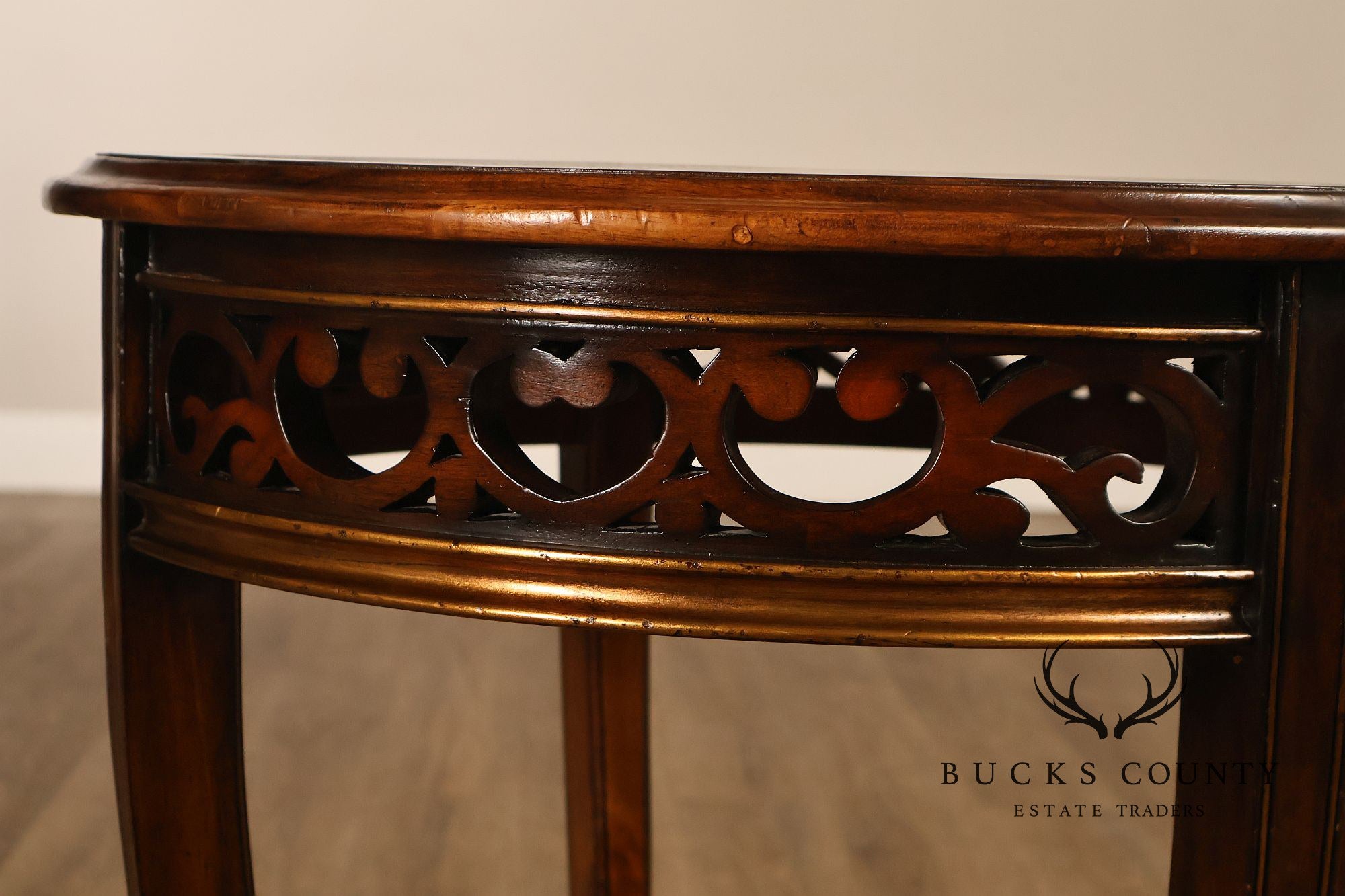 John Richard 'European Crossroads' Pair of Round Leather Top Lamp Tables
