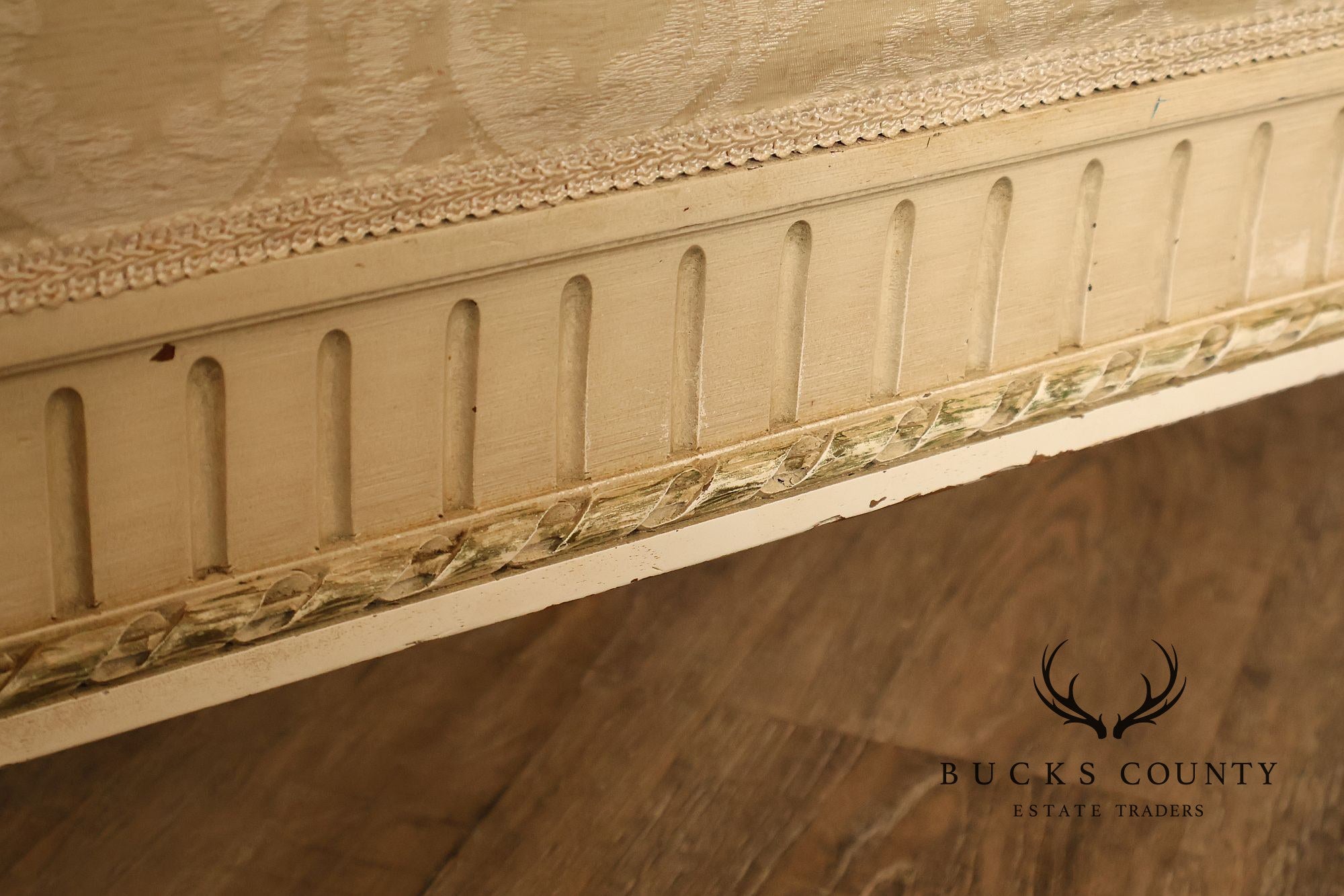 Antique French Louis XVI Style Painted & Upholstered Full Size Bed Frame