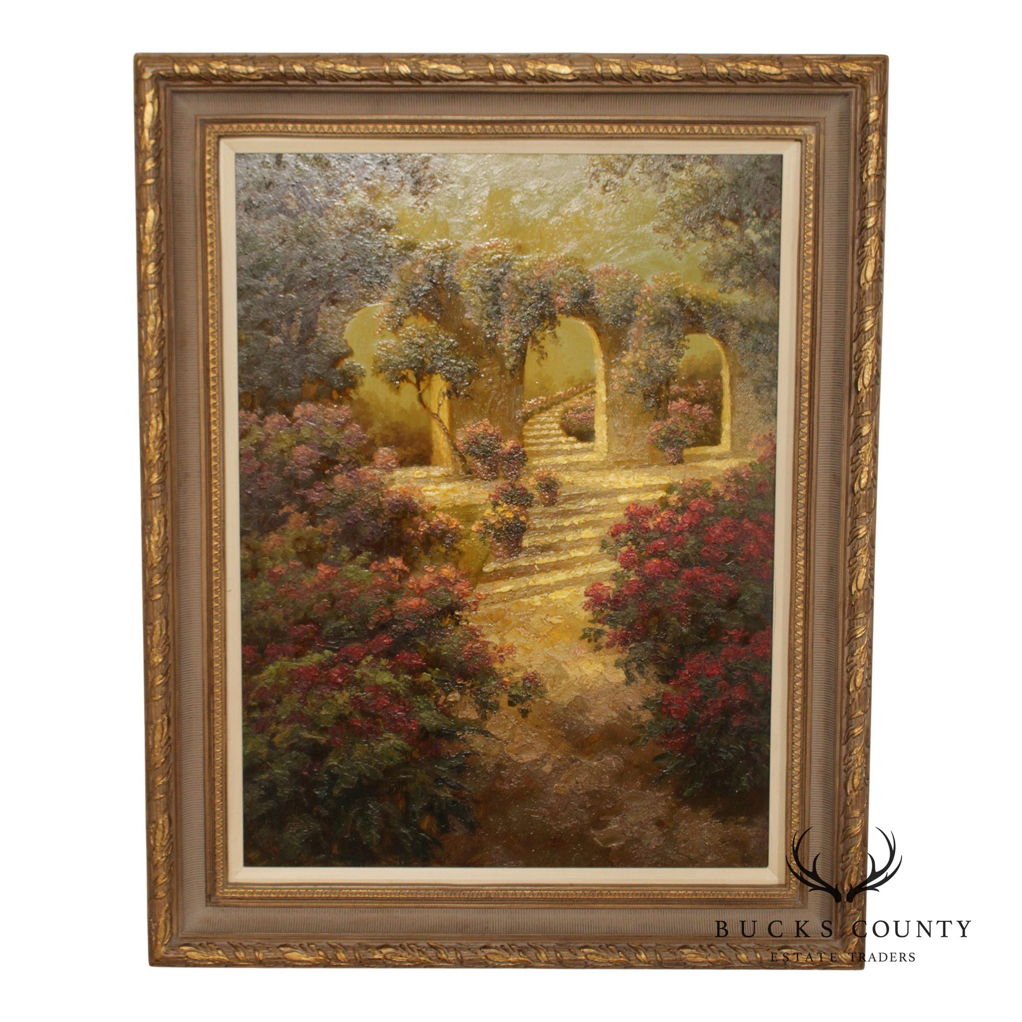 European School Oil Painting, Garden Stairway