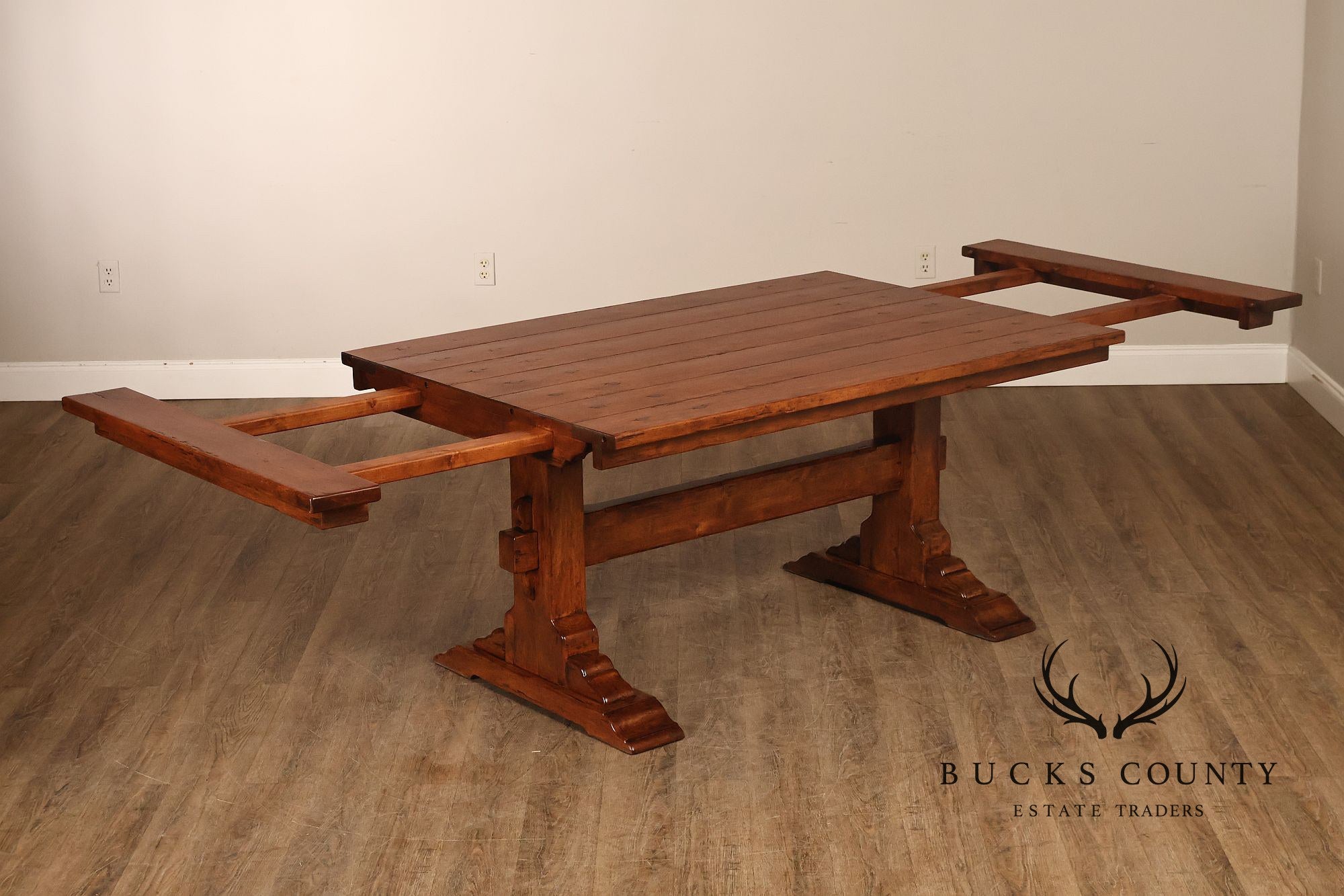 Bausman Farmhouse Trestle Dining Table With 2 Leaves