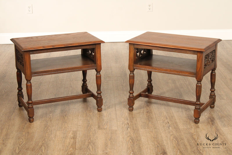 Jamestown Lounge Co. Feudal Oak English Traditional Style Pair of Carved End Tables