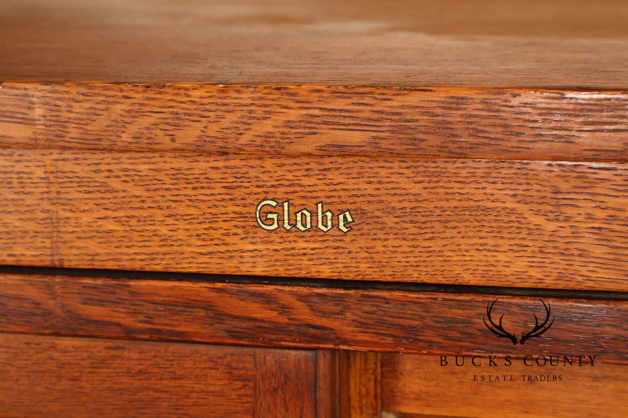 Globe Oak Sectional Bookcase Cabinet With Sliding Glass Doors And Drawers